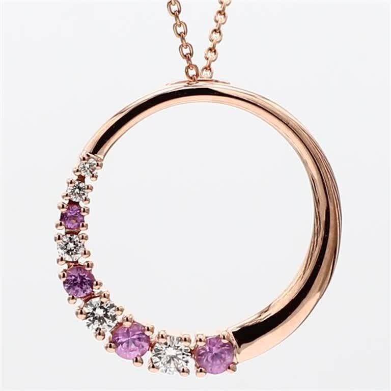 Natural Pink Round Sapphire and White Diamond .36 Carat TW Rose Gold Pendant In New Condition For Sale In New York, NY