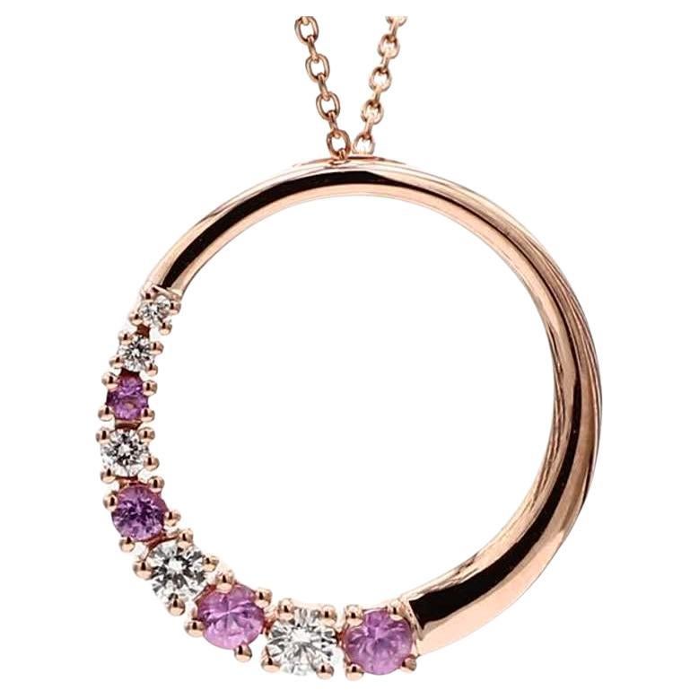 Natural Pink Round Sapphire and White Diamond .36 Carat TW Rose Gold Pendant For Sale