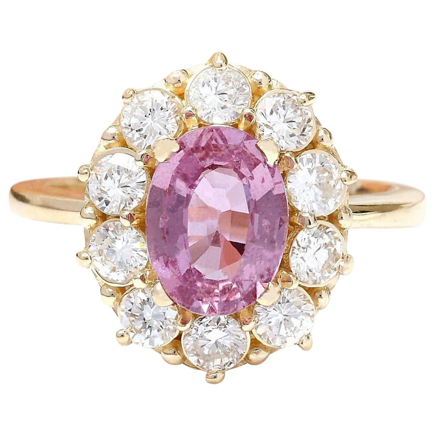 Exquisite Natural Pink Sapphire Diamond Ring In 14 Karat Solid Yellow Gold  For Sale