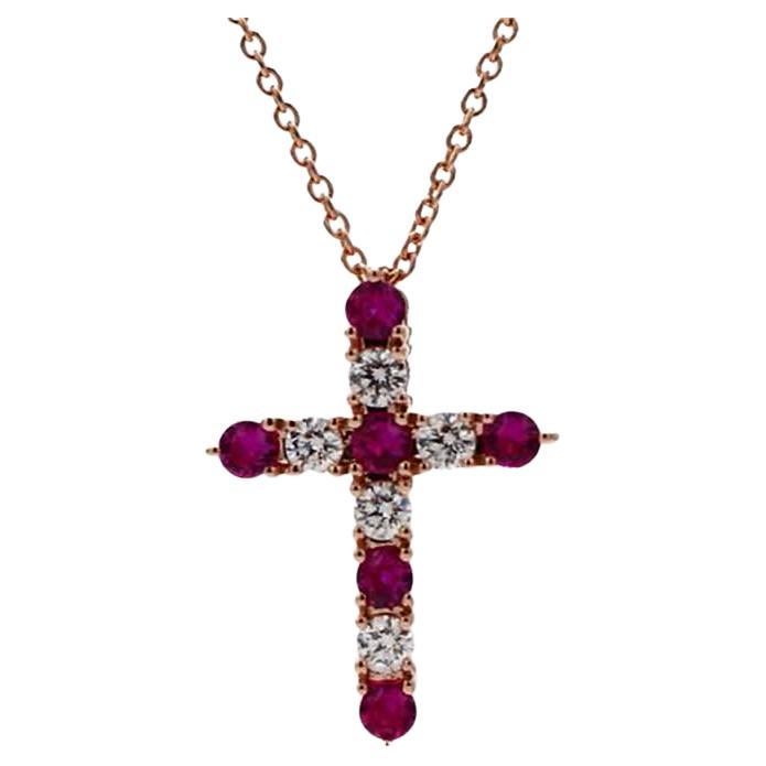 Natural Round Red Ruby and White Diamond .83 Carat TW Rose Gold Cross Pendant For Sale