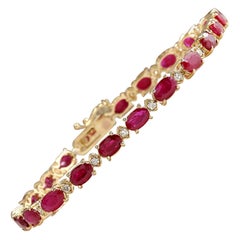 Bracelet exquis en or jaune 14 carats avec rubis naturel et diamants 