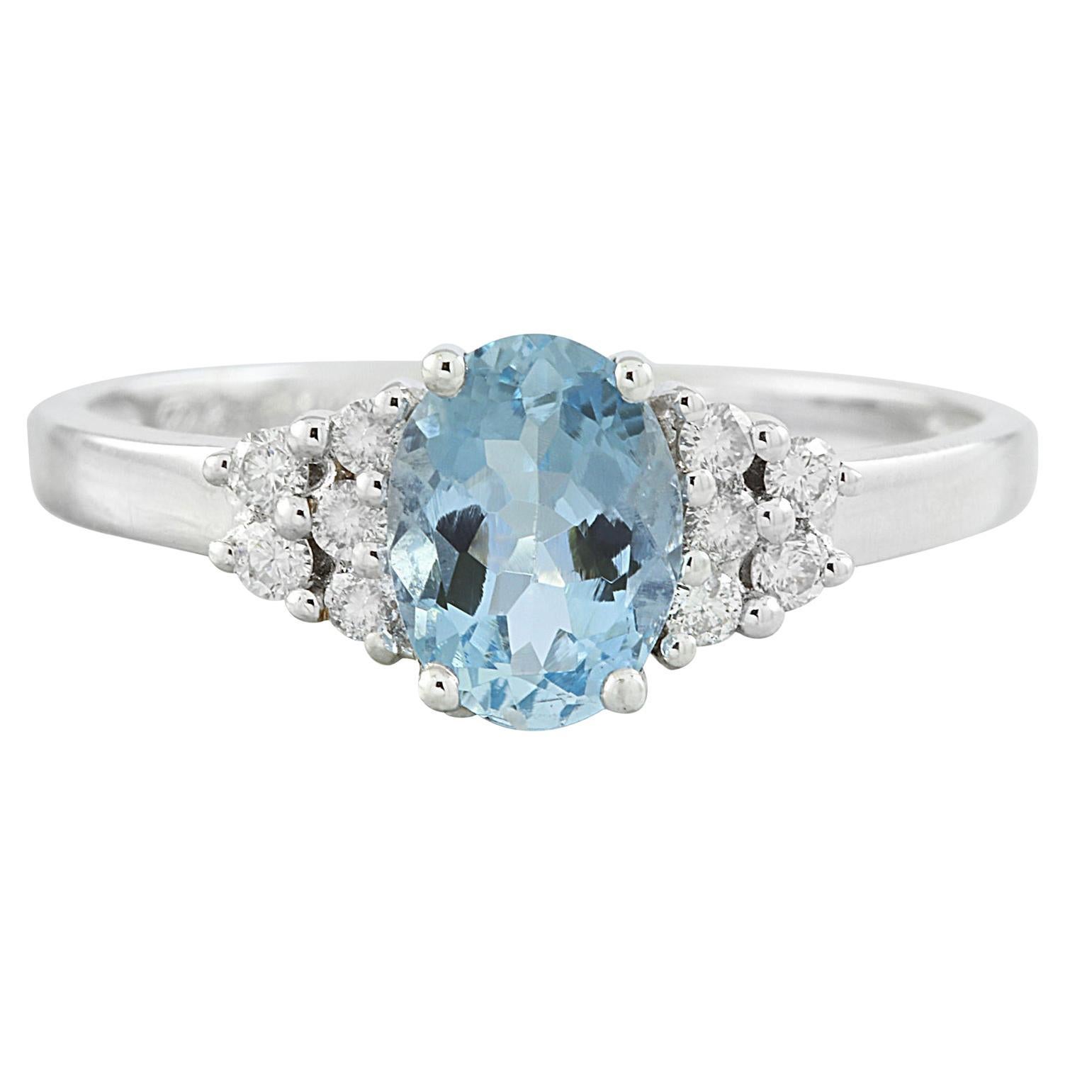Exquisite Natural Sky Blue Topaz Diamond Ring in 14K Solid White Gold For Sale