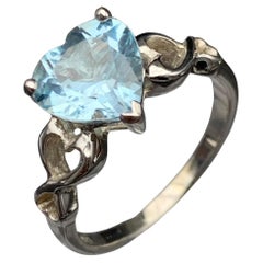 Squisito anello di topazio azzurro naturale in argento 925 a forma di cuore, misura 7,5