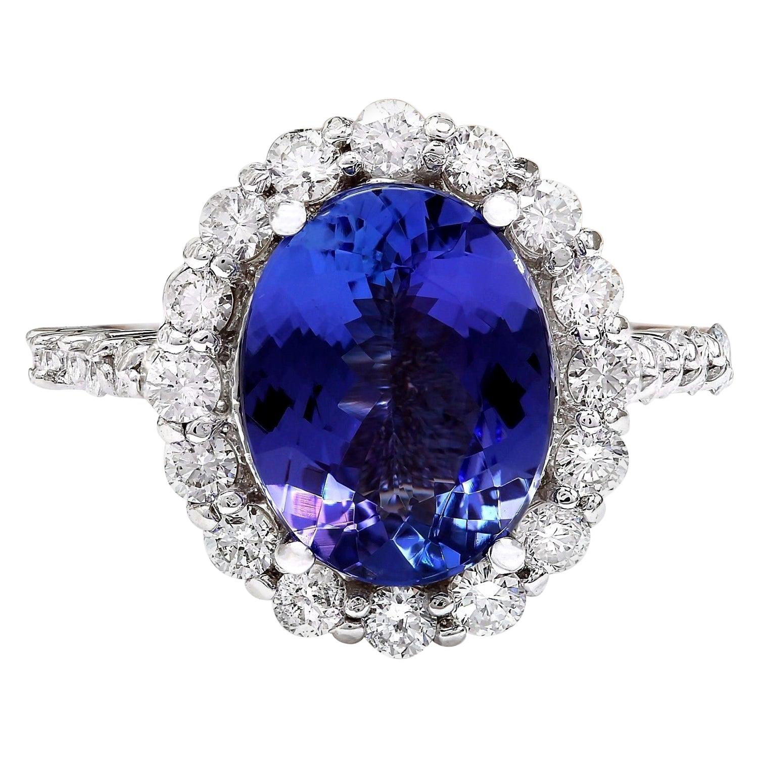 Exquisite Natural Tanzanite Diamond Ring In 14 Karat Solid White Gold  For Sale