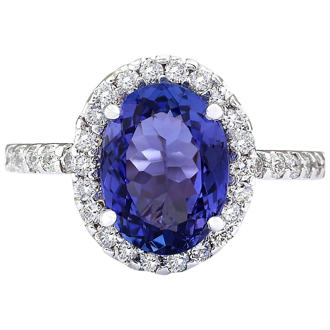 Exquisite Natural Tanzanite Diamond Ring In 14 Karat White Gold  For Sale