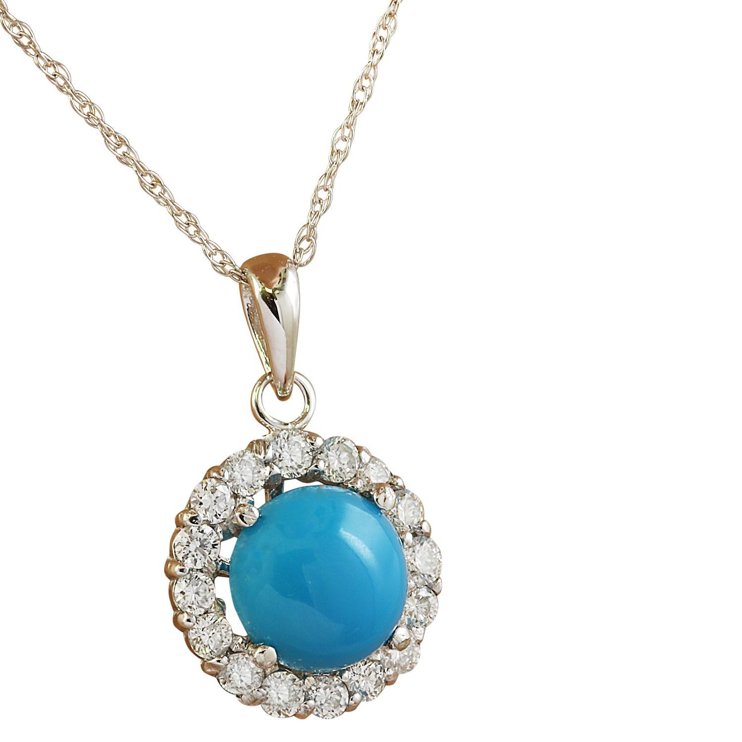 Introducing our exquisite 14 Karat Solid White Gold Diamond Necklace featuring a stunning 1.82 Carat Natural Turquoise centerpiece, stamped for authenticity. This necklace, with a total weight of 0.90 grams and a length of 16 inches, exudes elegance