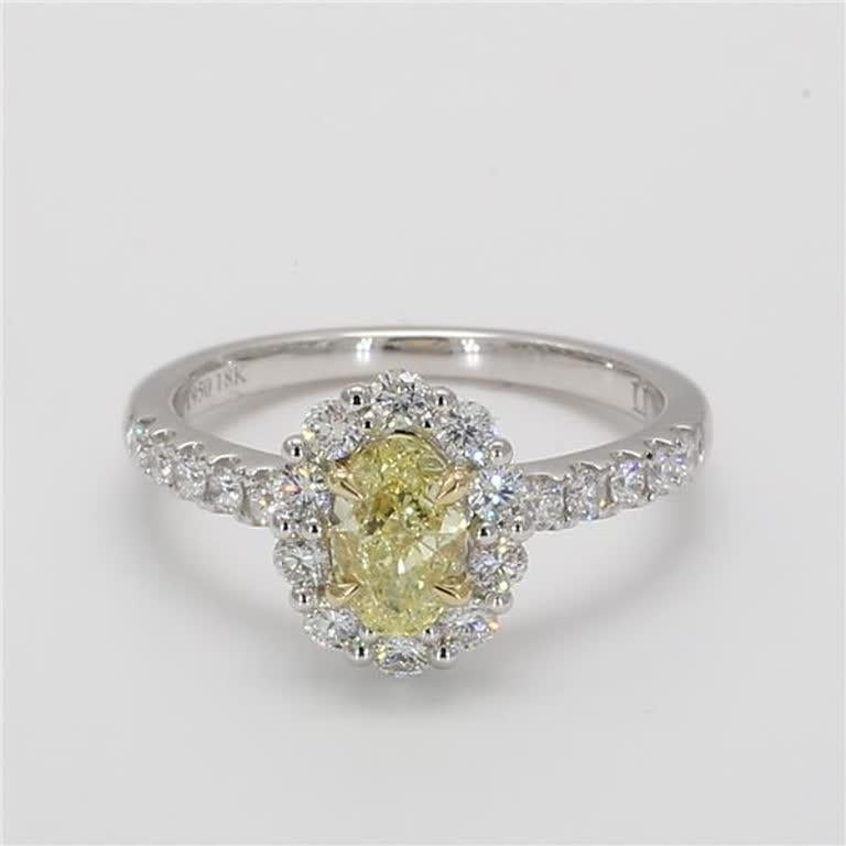 RareGemWorld's classic GIA certified diamond ring. Mounted in a beautiful 18K Yellow and White Gold setting with a natural oval cut yellow diamond. The yellow diamond is surrounded by small round natural white diamond melee. This ring is guaranteed