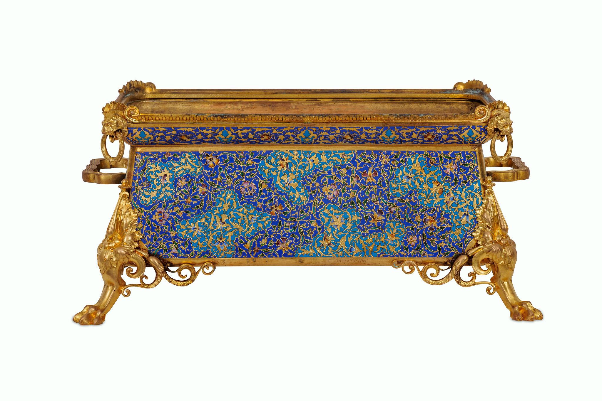 French Exquisite Neo-Grec Ormolu & Champleve Enamel Jardiniere by Barbedienne & Sévin For Sale