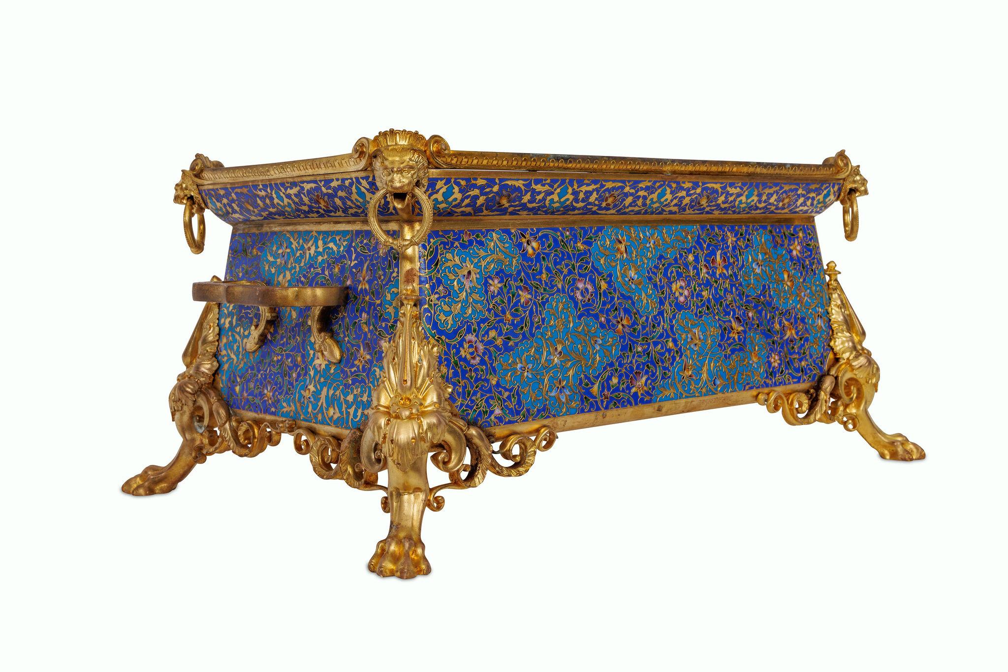 Exquisite Neo-Grec Ormolu & Champleve Enamel Jardiniere by Barbedienne & Sévin In Good Condition For Sale In Queens, NY