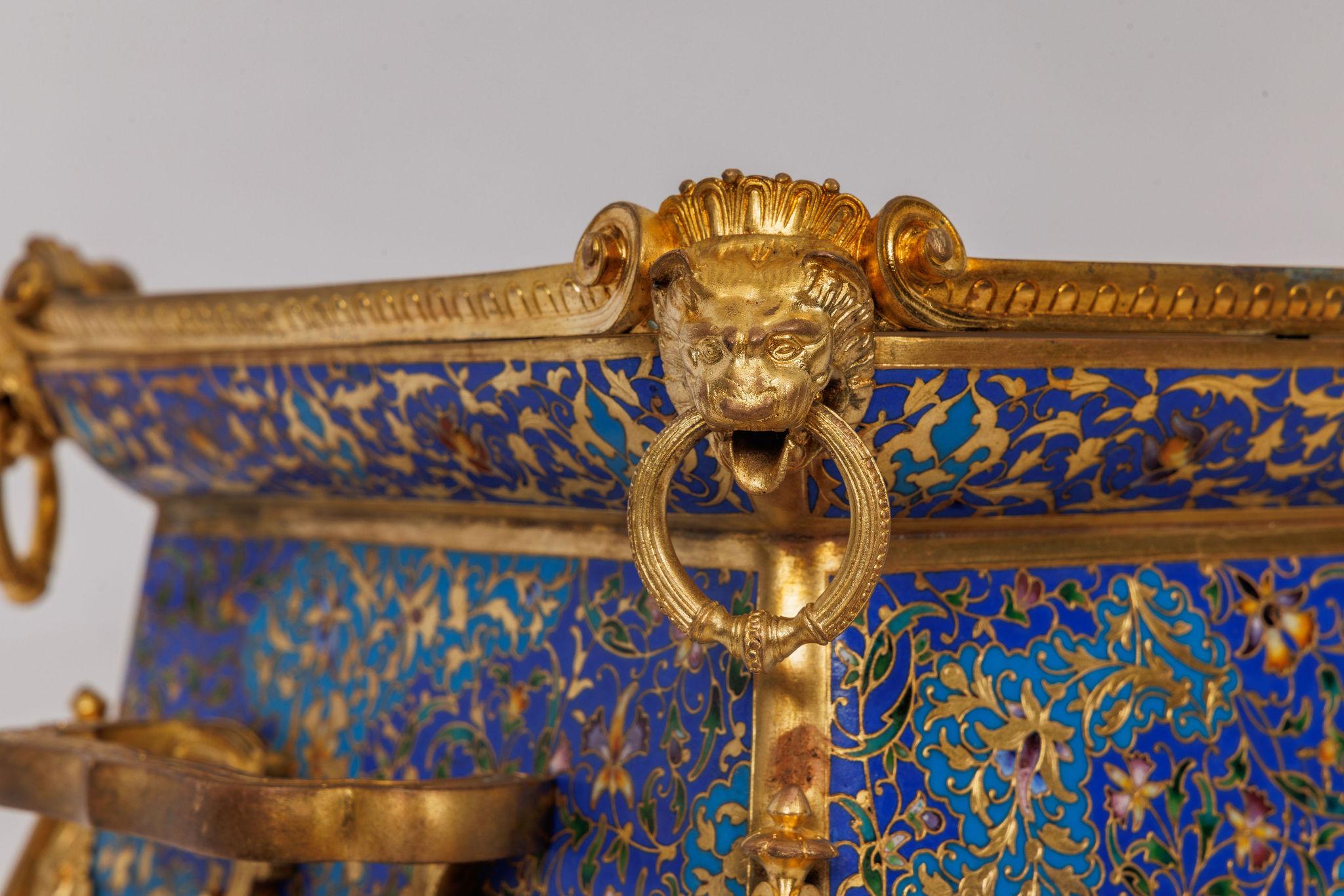 19th Century Exquisite Neo-Grec Ormolu & Champleve Enamel Jardiniere by Barbedienne & Sévin For Sale