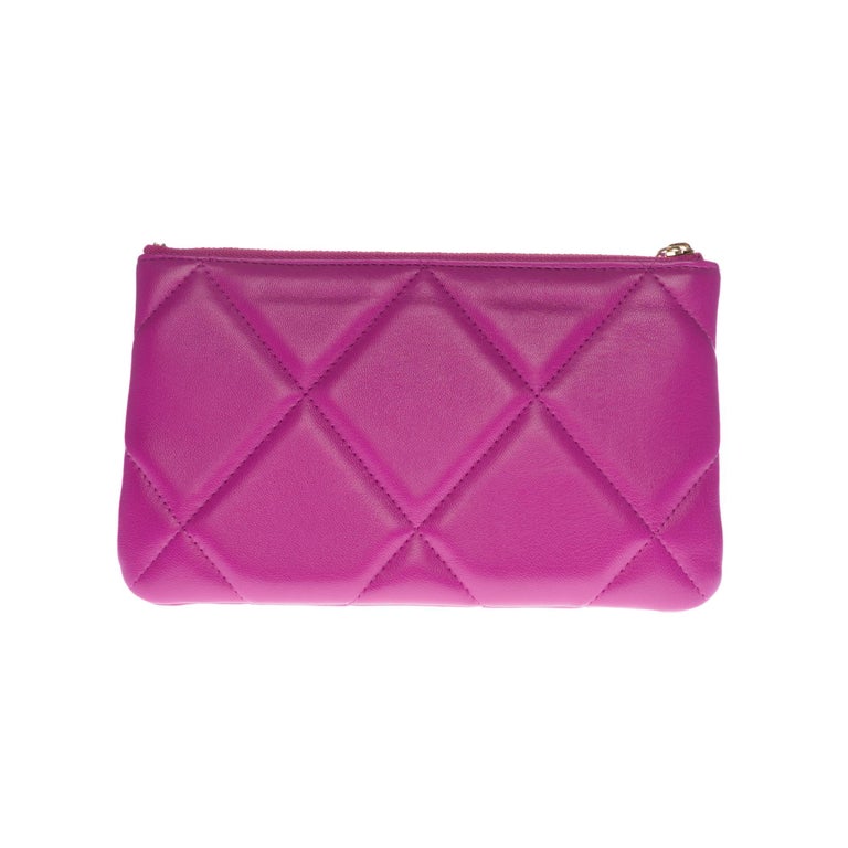 Exquisite New Chanel 19 Pouch/ Wallet in purple quilted lambskin leather ,  GHW at 1stDibs
