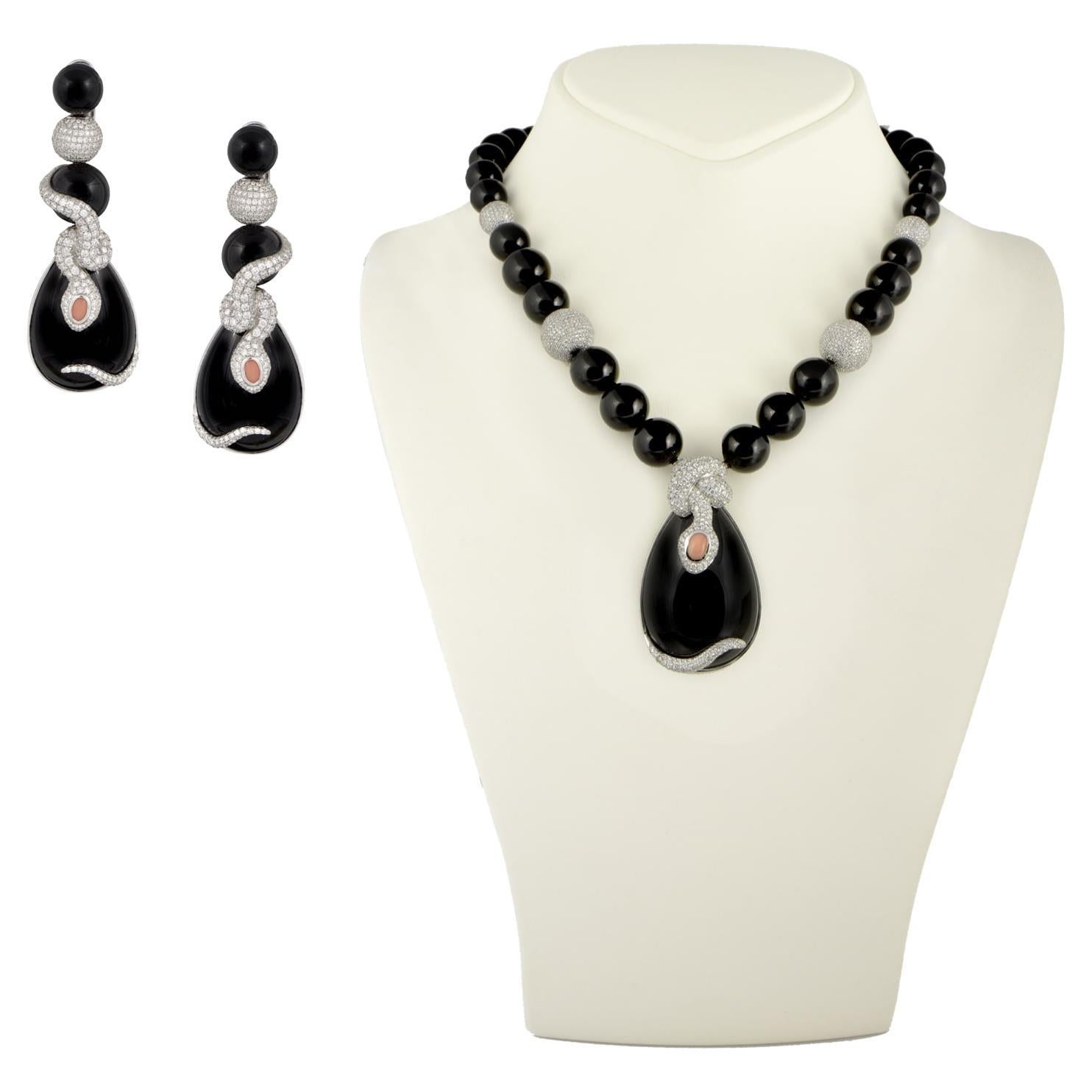 Exquisite Onyx, Diamond & Coral Earrings & Necklace Set by Victoria Cassal For Sale