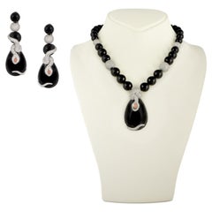 Exquisite Onyx, Diamond & Coral Earrings & Necklace Set by Victoria Cassal