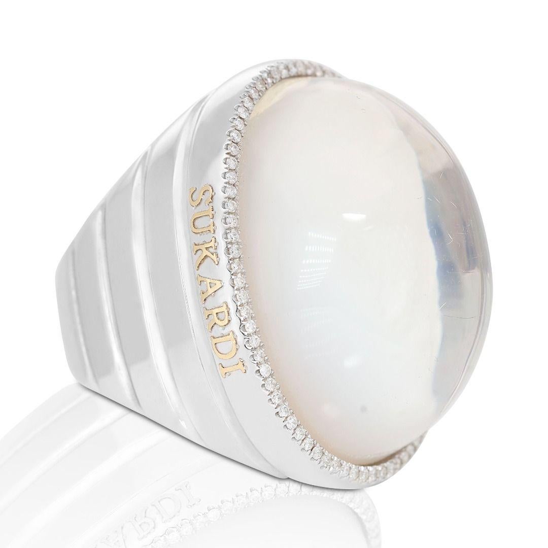 Round Cut Exquisite Opal Ring with 0.80ct Side Diamonds in 18K White Gold For Sale