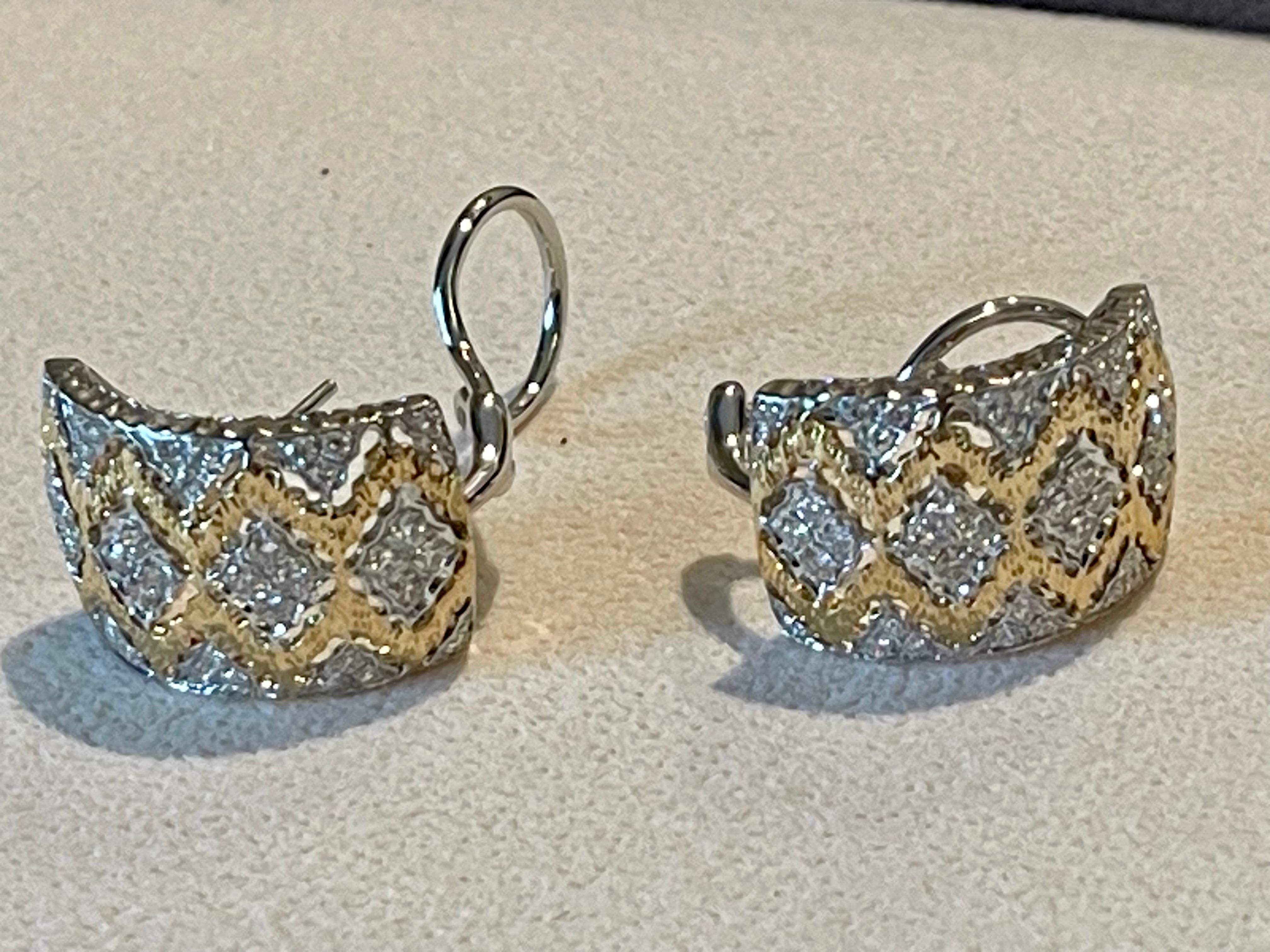 Contemporary Exquisite openwork filligree 18 K yellow white Gold Huggies earrings Diamonds For Sale
