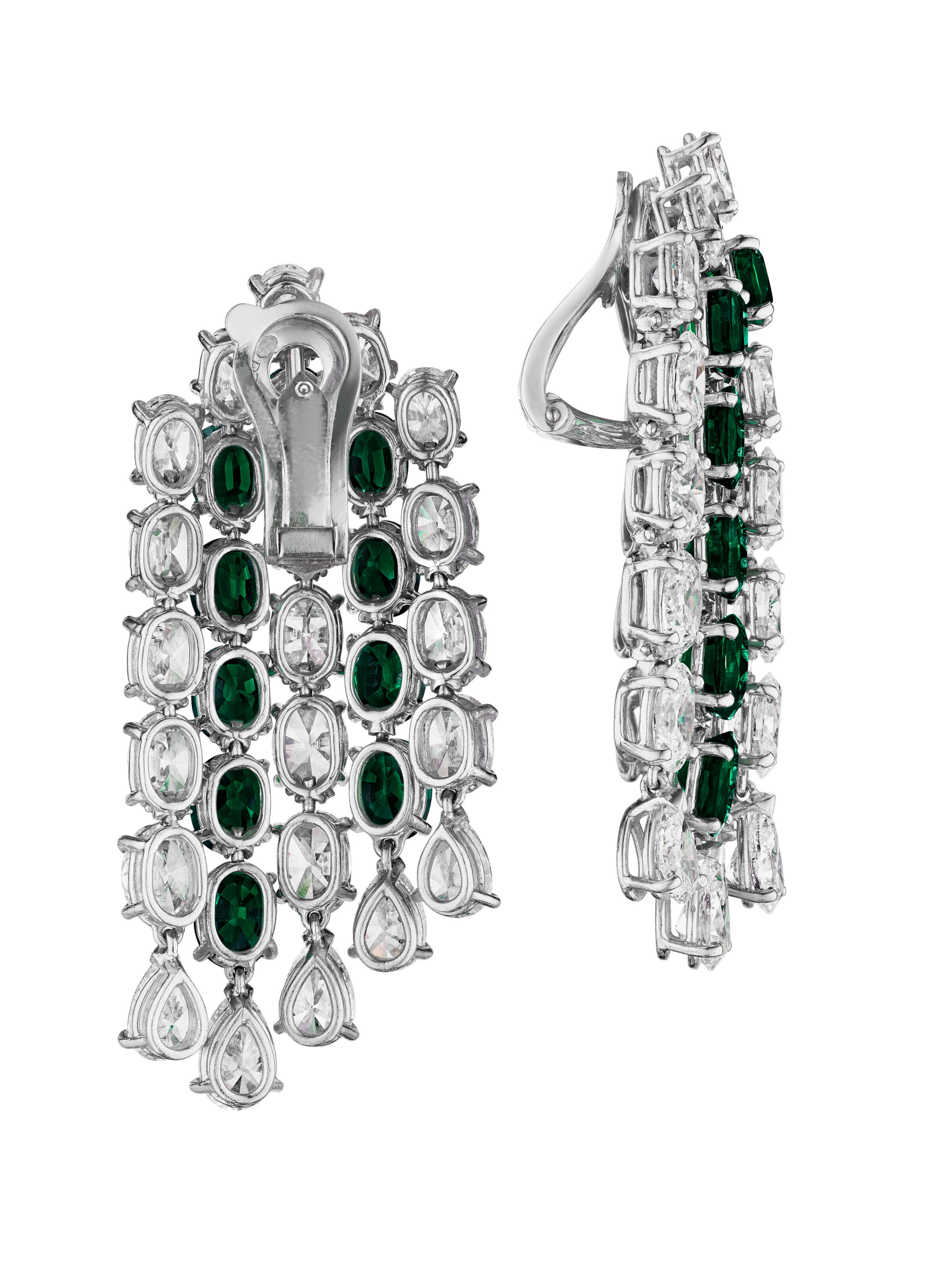 Oval Cut exquisite oval and cushion-shaped emeralds and diamonds dangle earrings For Sale