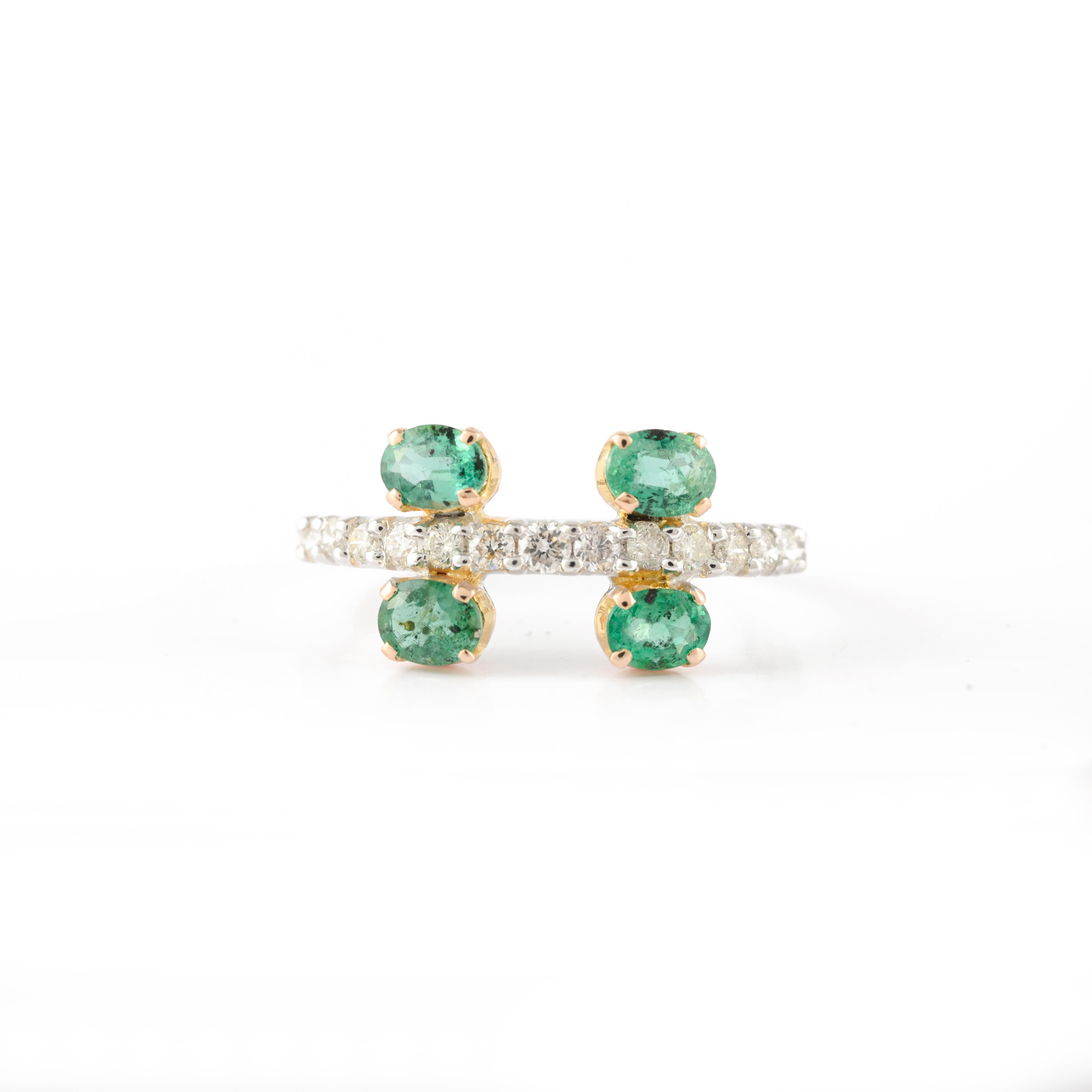 Im Angebot: Zarter Ring mit Diamant und Smaragd im Ovalschliff aus massivem 14-karätigem Weißgold () 3
