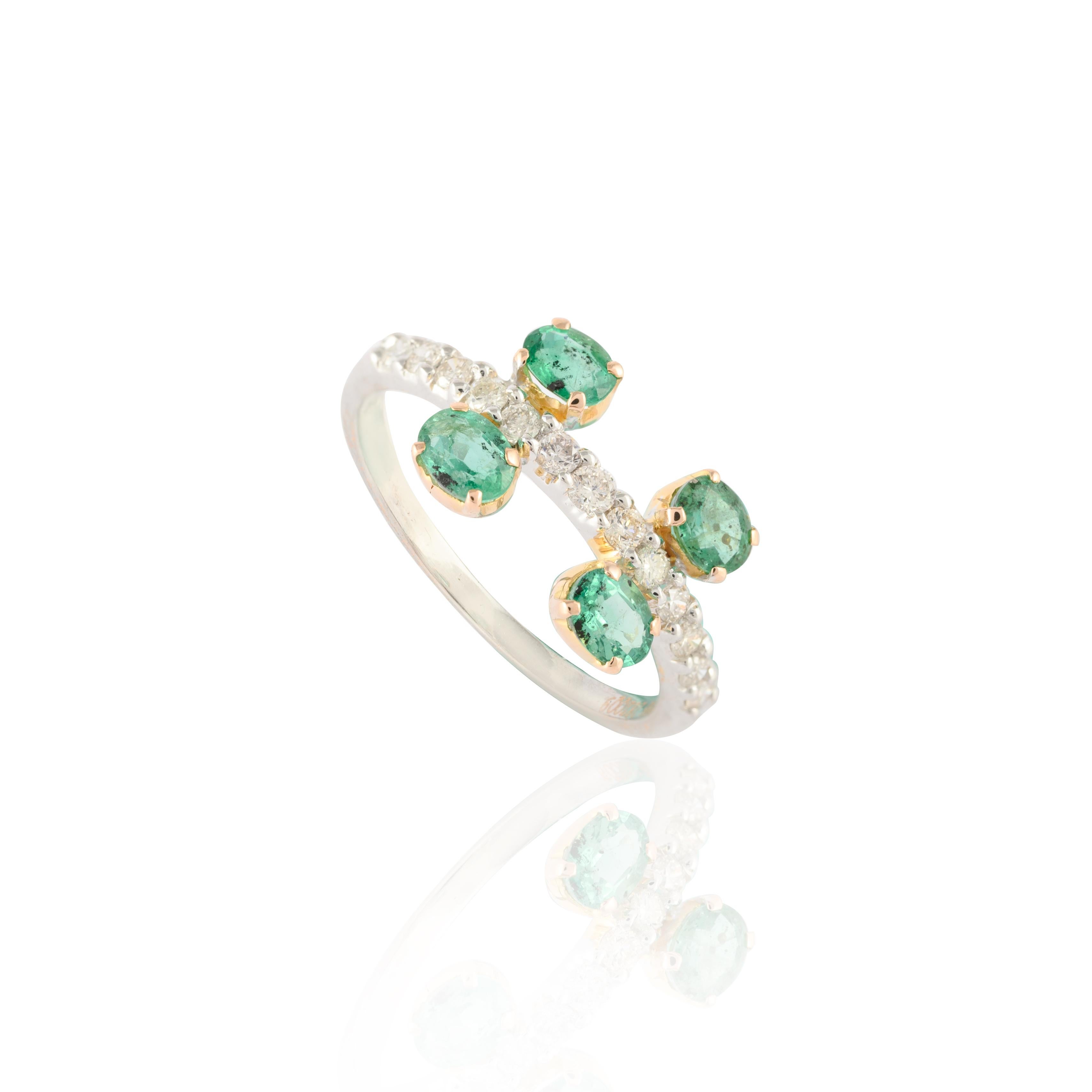 For Sale:  Delicate Diamond and Oval Cut Emerald Ring in Solid 14K Solid White Gold 9