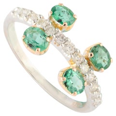 Delicate Diamond and Oval Cut Emerald Ring in Solid 14K Solid White Gold