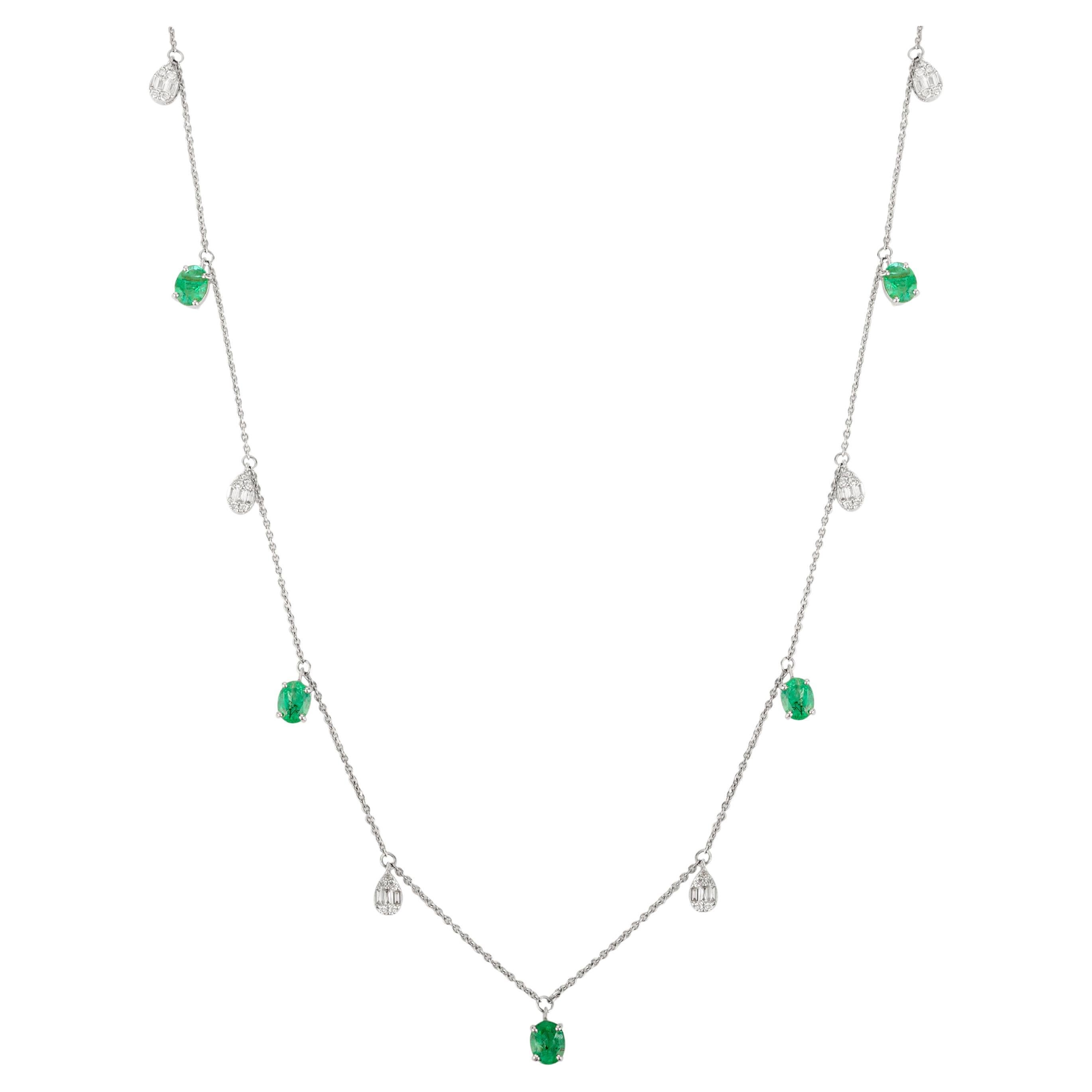 Exquisite Oval Emerald & Diamond Charm Necklace in 14K White Gold Fine Jewelry