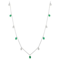 Exquisite Oval Emerald & Diamond Charm Necklace in 14K White Gold Fine Jewelry