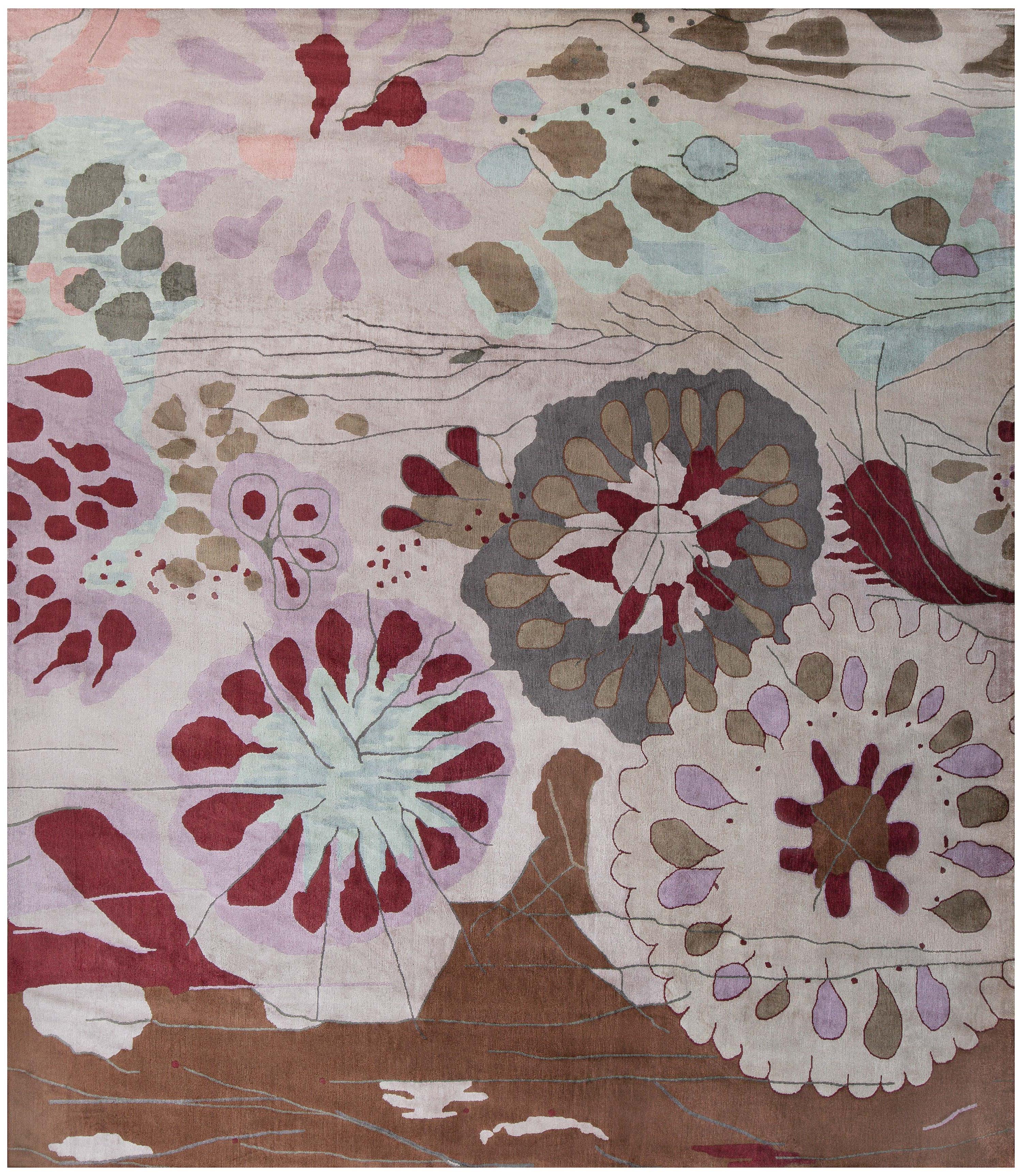 Exquisite Oversized Modern Abstract Silk Rug In Taupe "Dhalia" For Sale