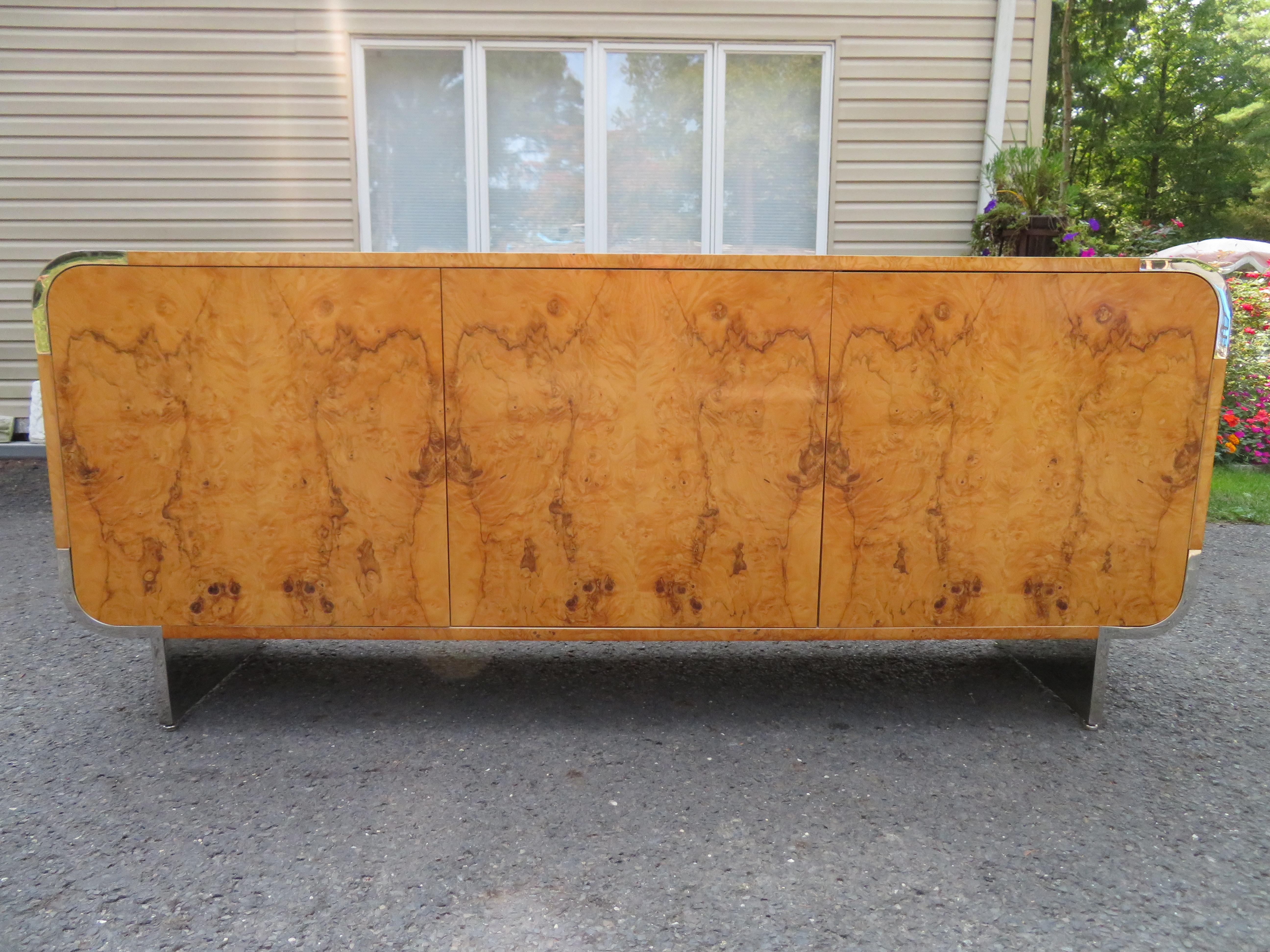 American Exquisite Pace Collection Burl Wood and Chrome Credenza Mid-Century Modern For Sale