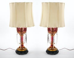 Exquisite Pair 19th Century Bohemian Lamp/Striking Cranberry/Gilt Gold Glass