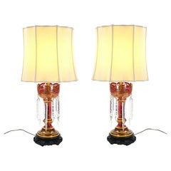 Squisita coppia di lampade bohémien del XIX secolo/brillante mirtillo rosso/oro dorato in vetro