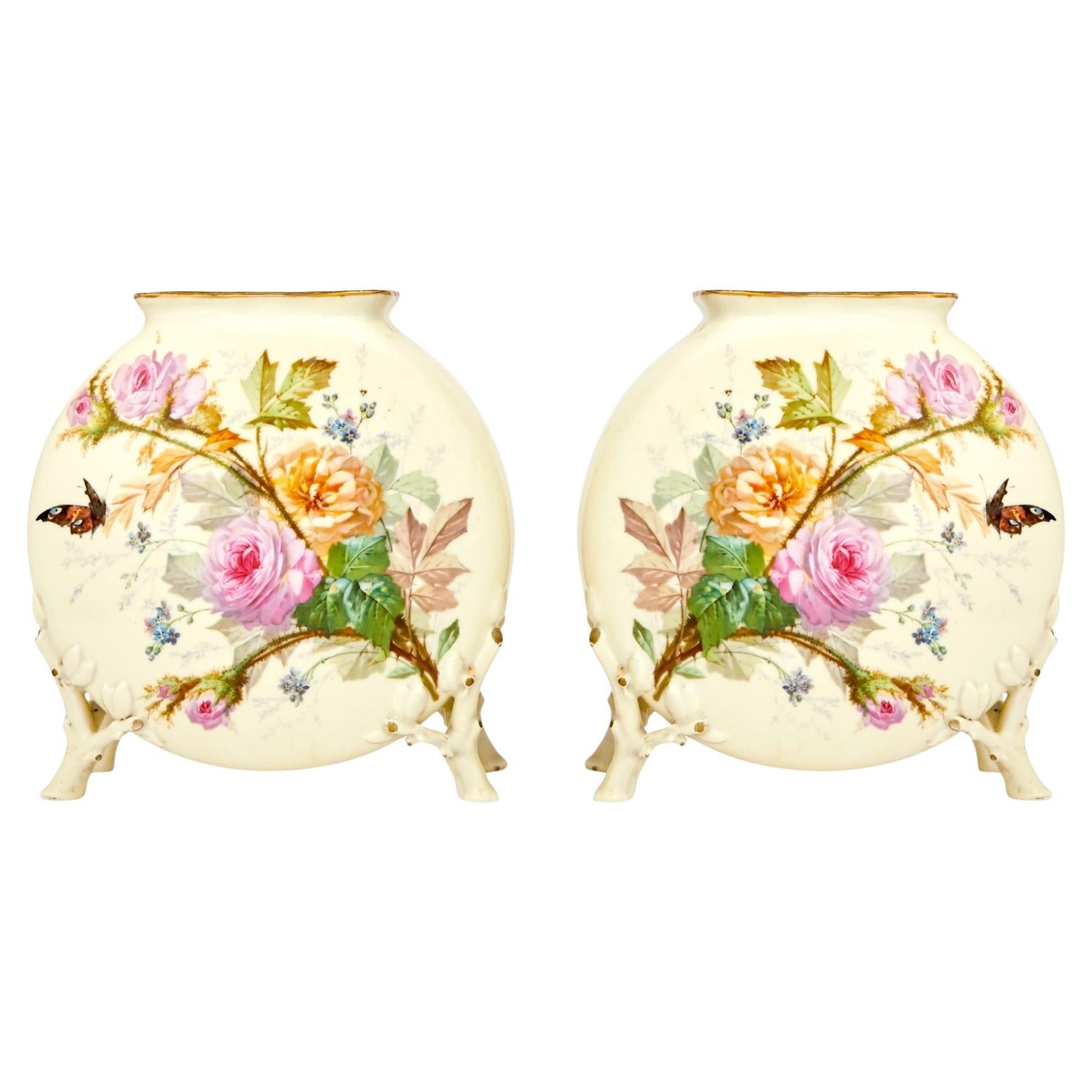 Exquisite Pair  Antique Hand Painted Porcelain Decorative Vases