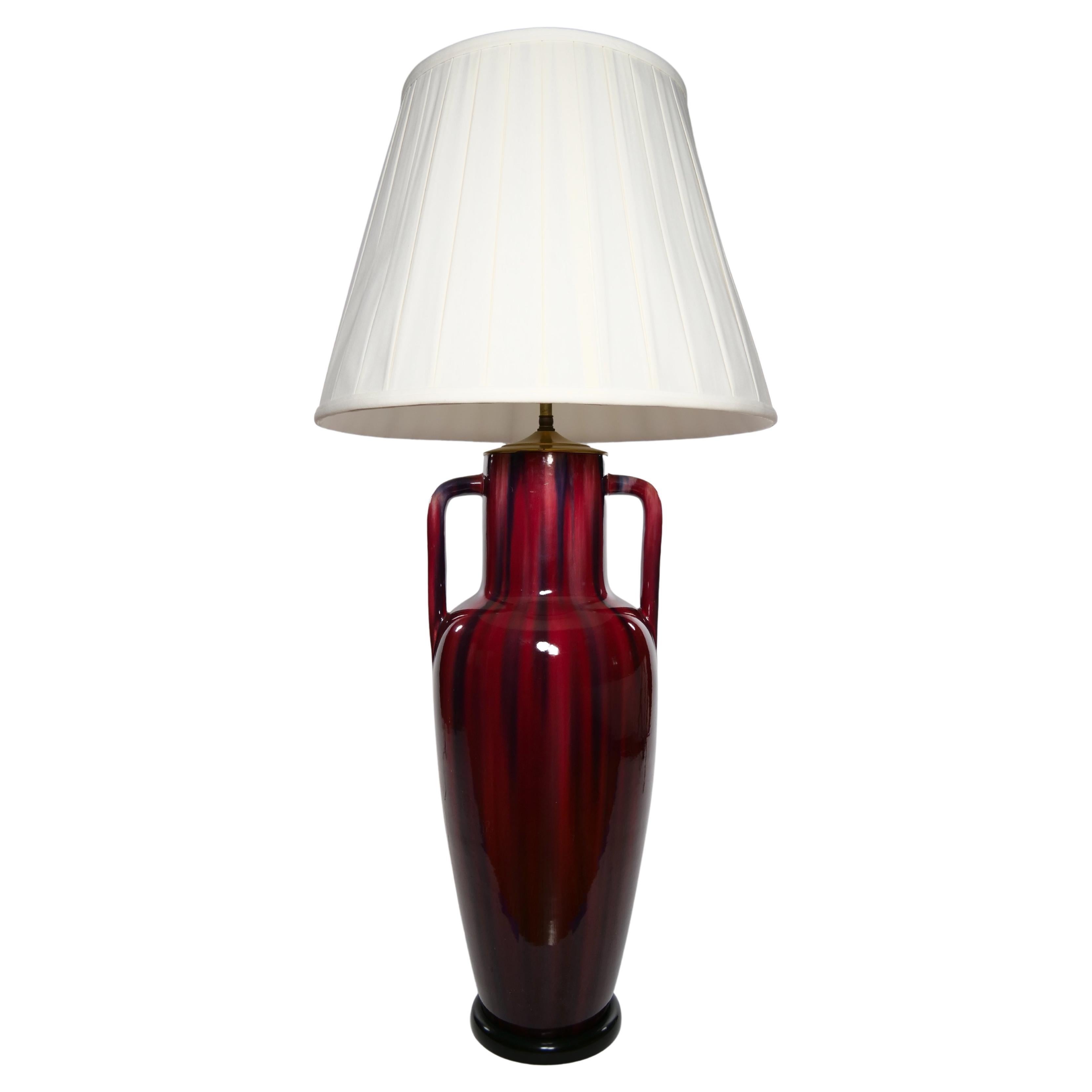Art Nouveau Exquisite Pair Flambé Porcelain / Black Wood Table Lamp For Sale