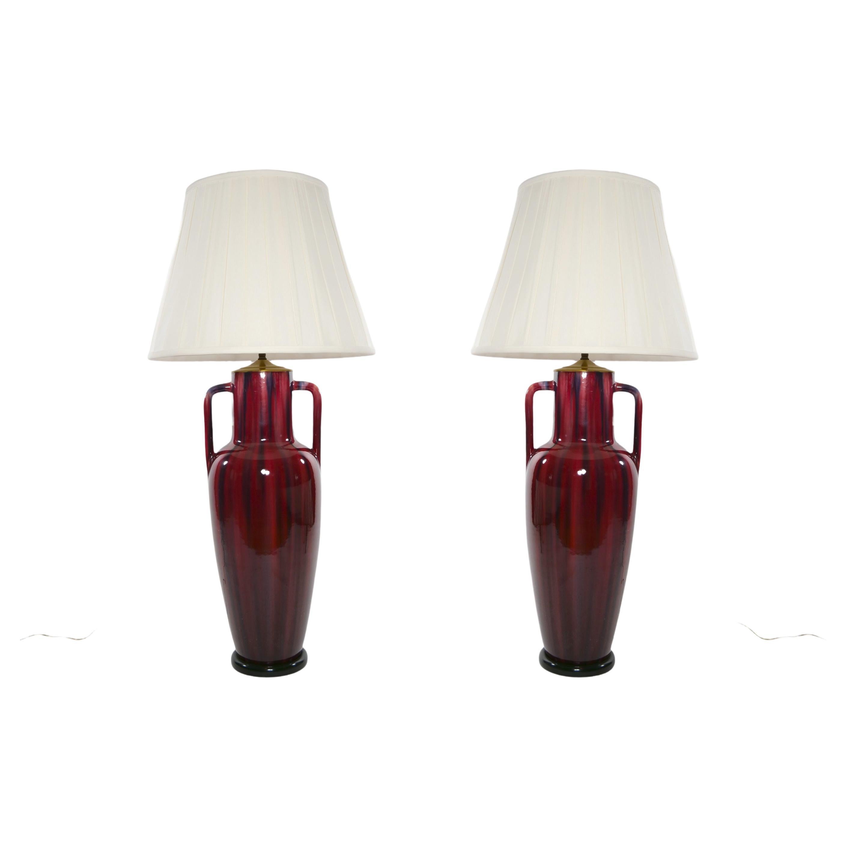 Exquisite Pair Flambé Porcelain / Black Wood Table Lamp