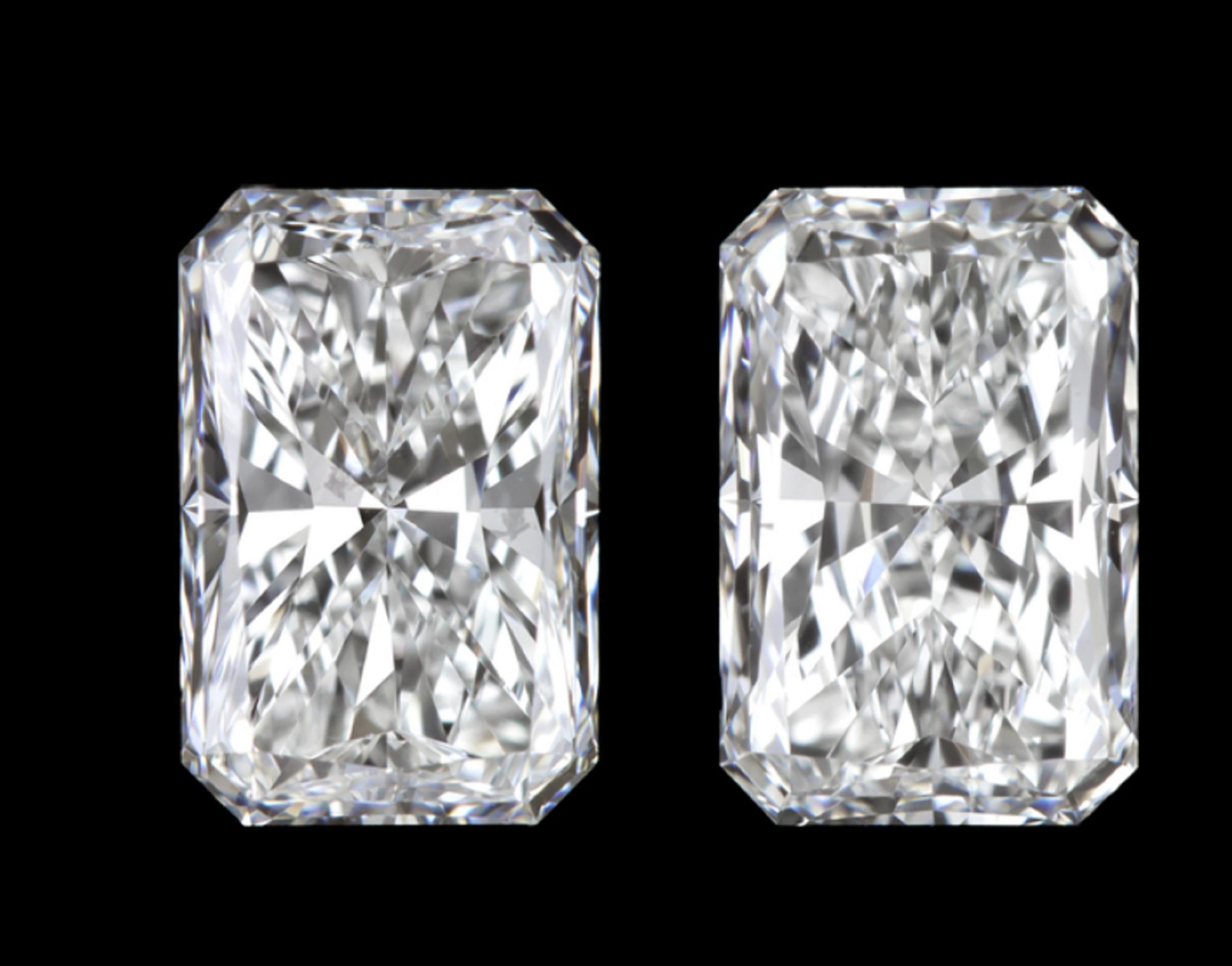 Exquisite 3 carat pair of radiant cut GIA certified diamonds is beautifully white and colorless, eye clean, and dazzlingly brilliant! These have a rare elongated cut and display eye-catching sparkle! These radiant diamonds are each certified by GIA,