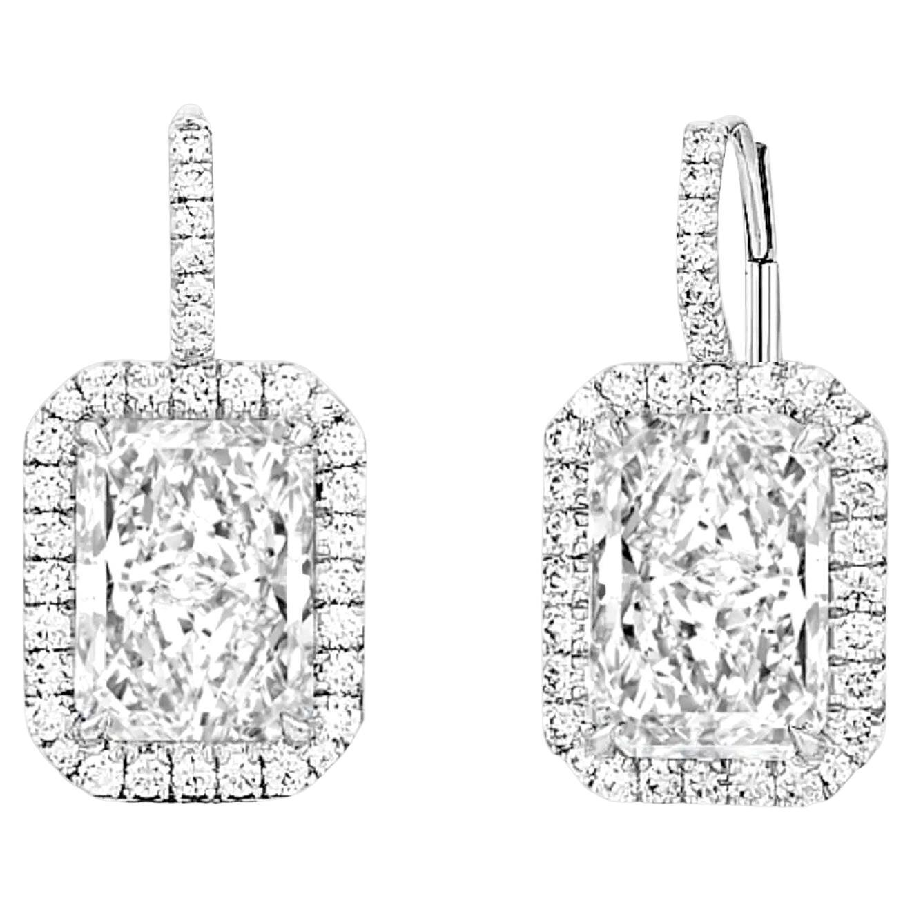 Exquisite Pair GIA Certified 3 Long Radiant Cut Diamond Halo Dangle Earrings For Sale