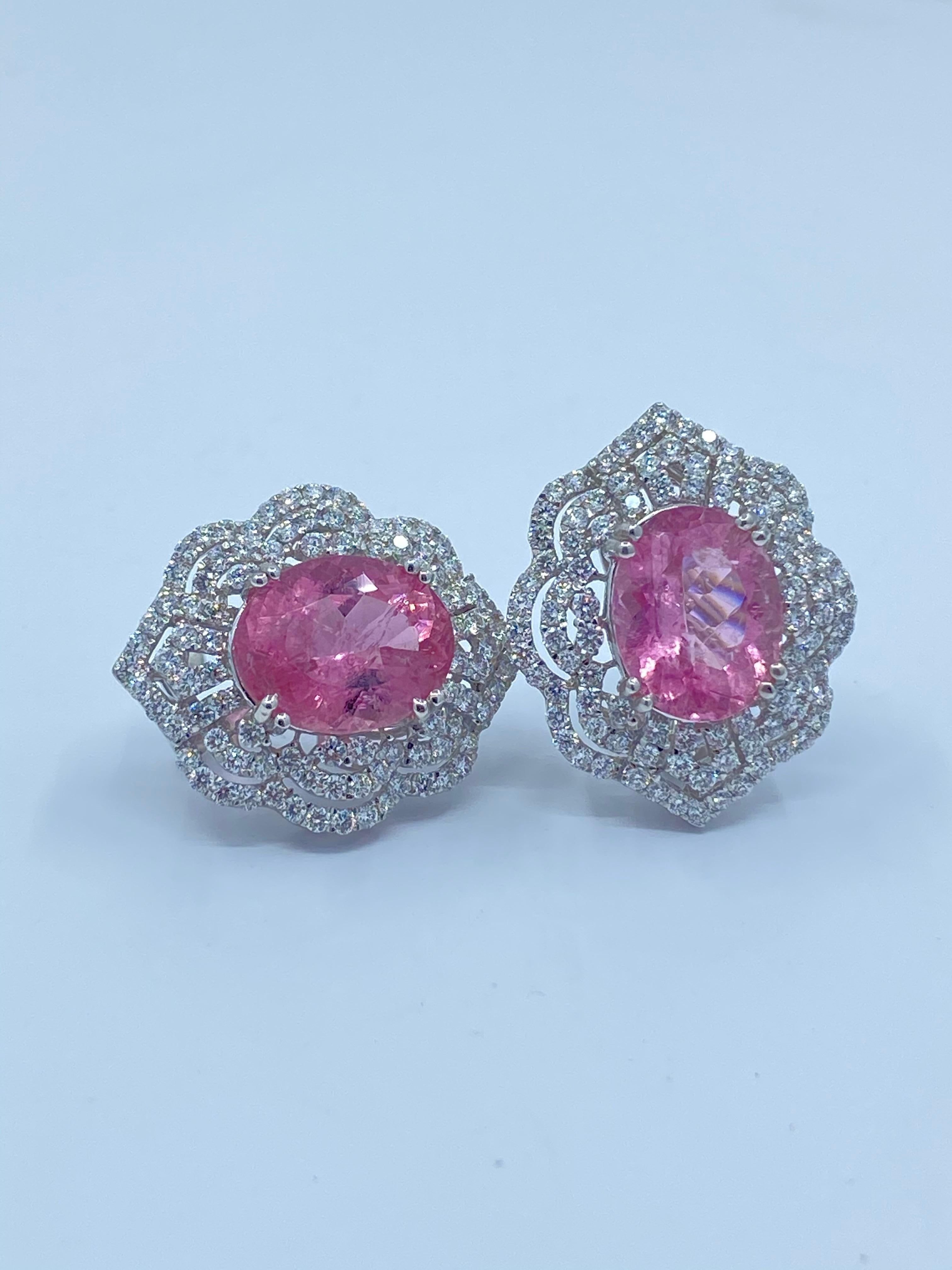 Oval Cut Exquisite Pair of 13 Carat Pink Tourmaline and Diamond 18K White Gold Earrings