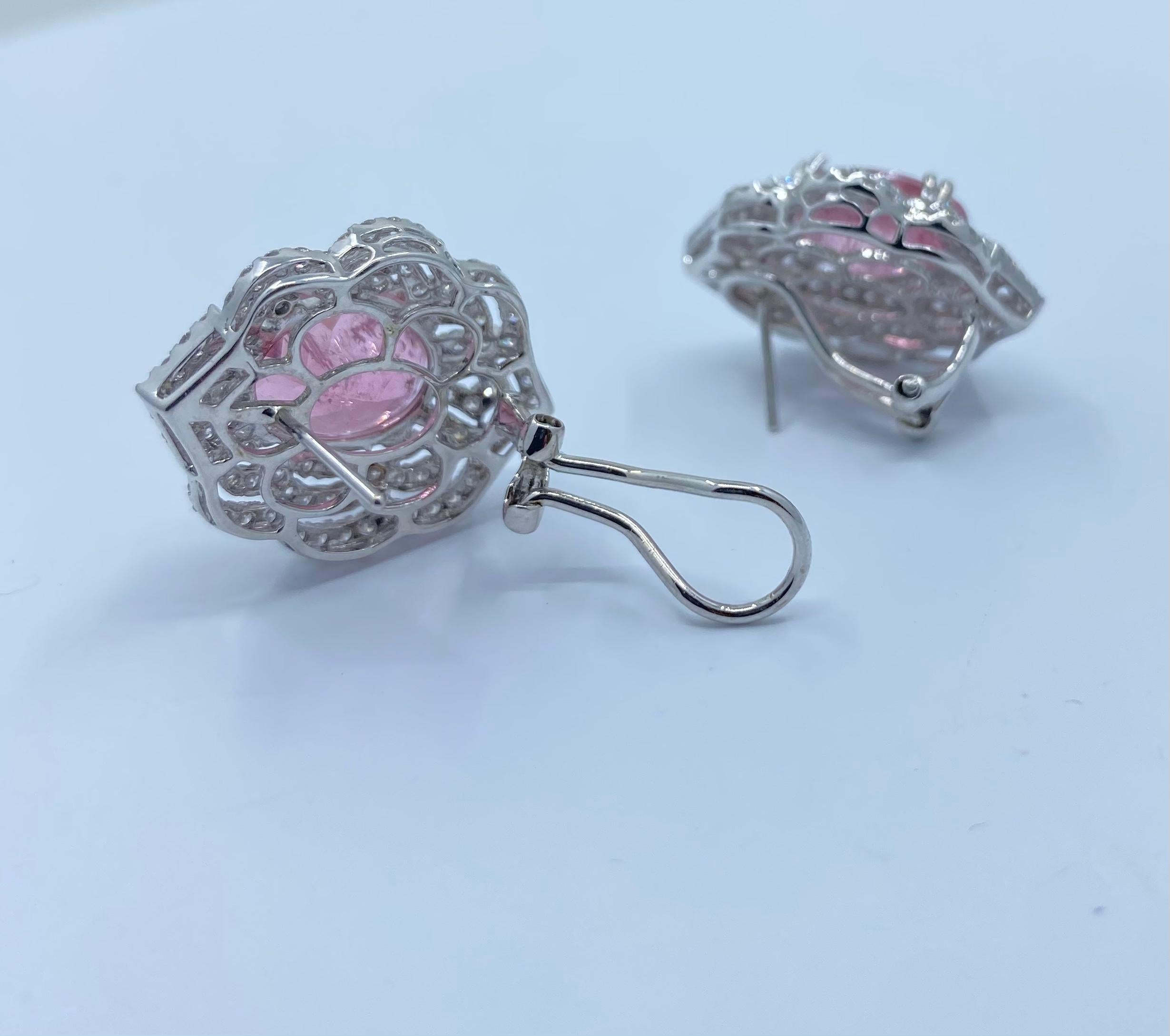 Exquisite Pair of 13 Carat Pink Tourmaline and Diamond 18K White Gold Earrings In Excellent Condition In Tustin, CA