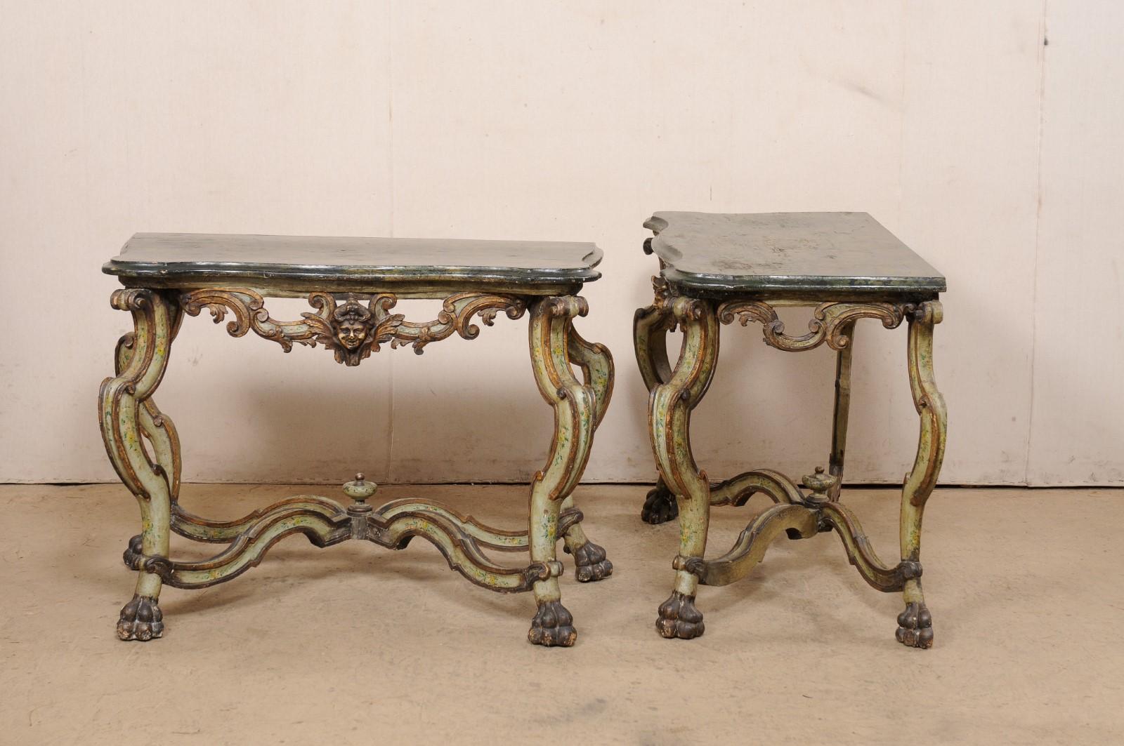 Exquisite Pair of 18th C. Italian Venetian Carved & Painted Wood Console Tables For Sale 6