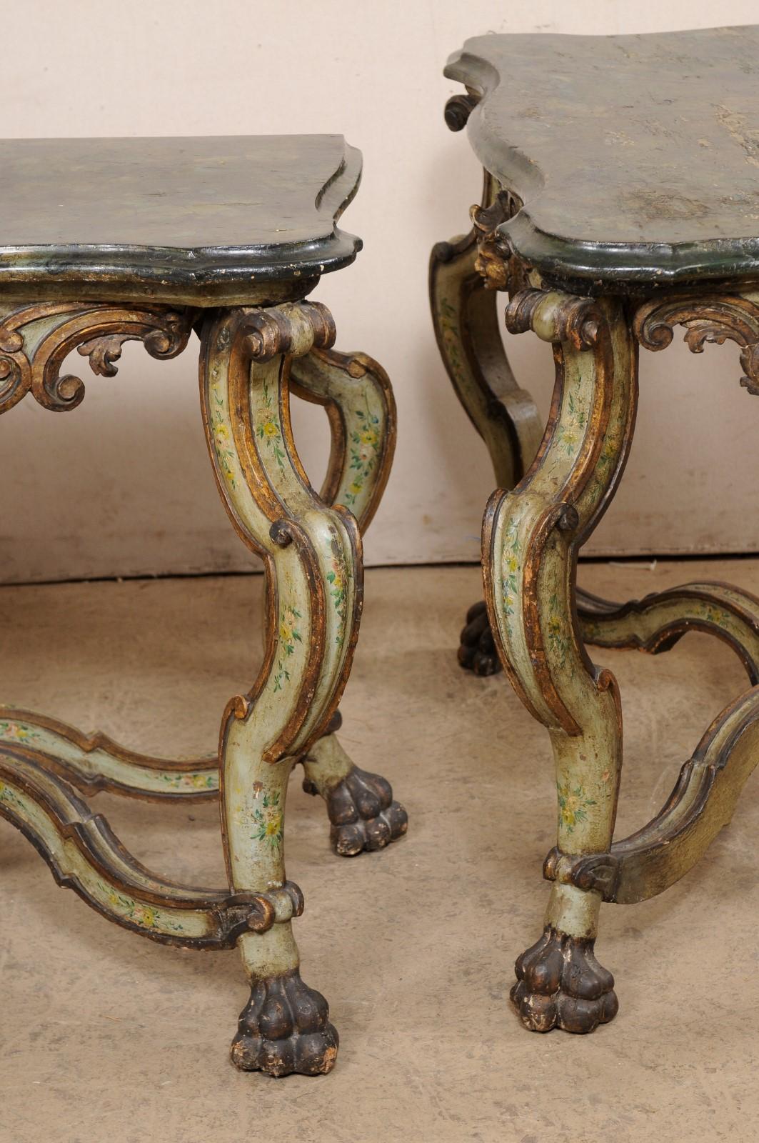 Exquisite Pair of 18th C. Italian Venetian Carved & Painted Wood Console Tables For Sale 7
