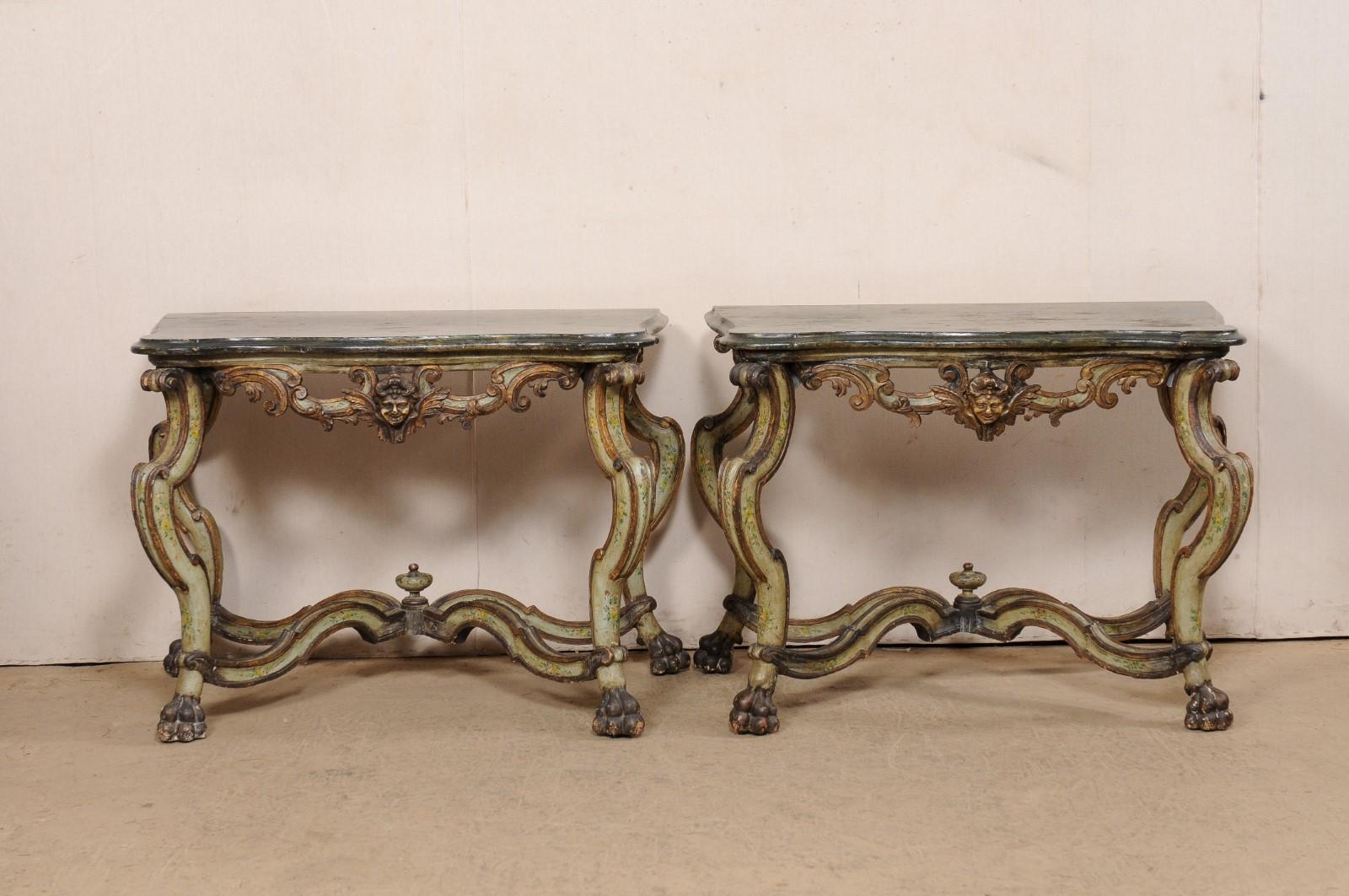 Exquisite Pair of 18th C. Italian Venetian Carved & Painted Wood Console Tables For Sale 8