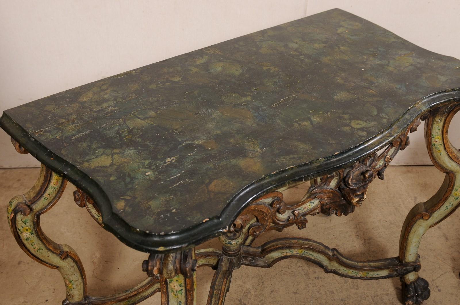 Exquisite Pair of 18th C. Italian Venetian Carved & Painted Wood Console Tables In Good Condition For Sale In Atlanta, GA