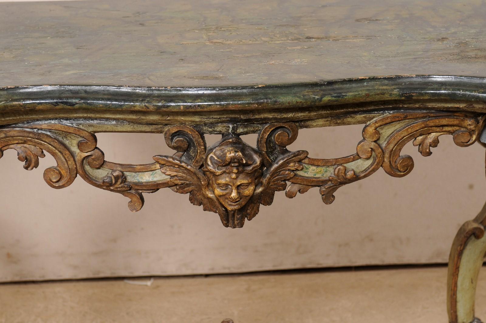 Exquisite Pair of 18th C. Italian Venetian Carved & Painted Wood Console Tables For Sale 2