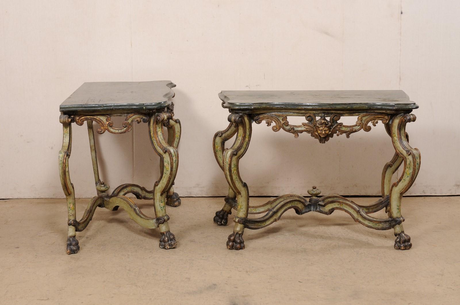 Exquisite Pair of 18th C. Italian Venetian Carved & Painted Wood Console Tables For Sale 3