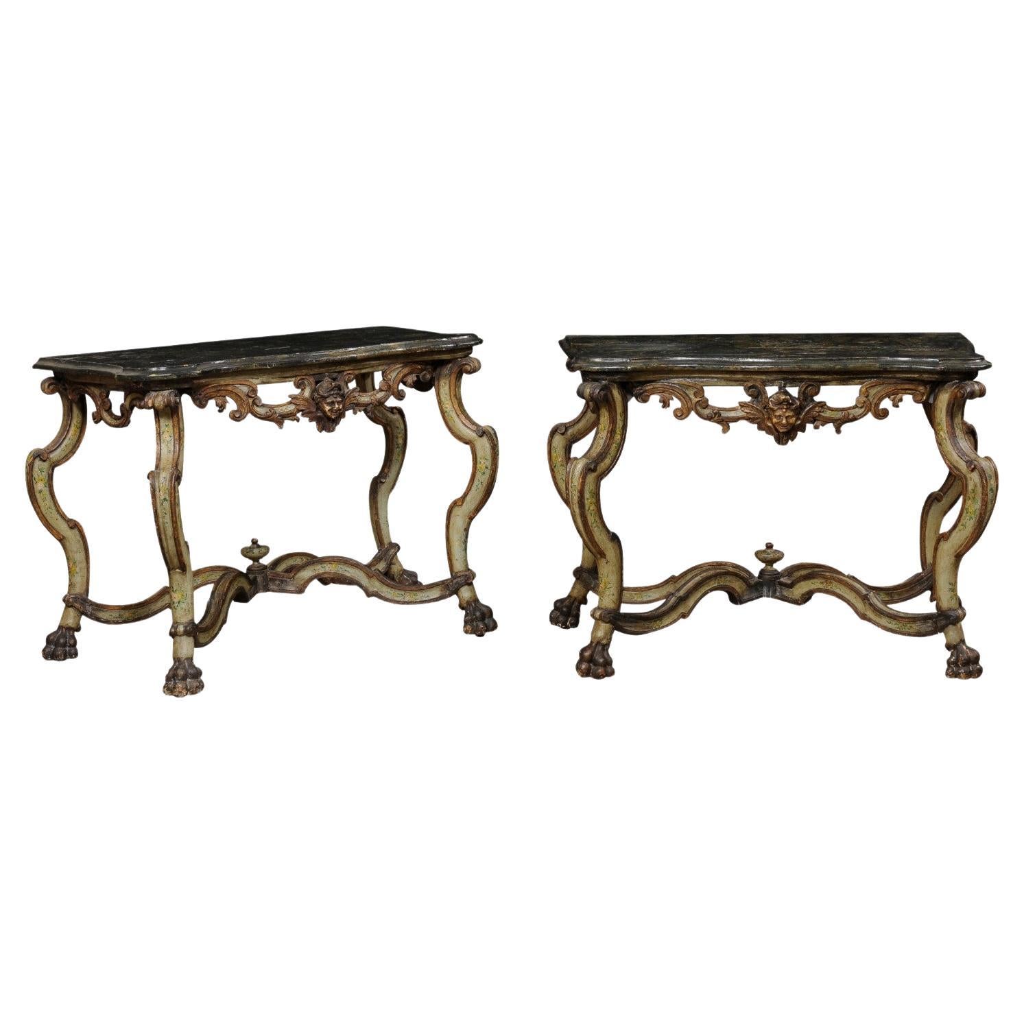 Exquisite Pair of 18th C. Italian Venetian Carved & Painted Wood Console Tables For Sale