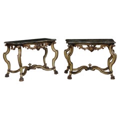 Exquisite Pair of 18th C. Italian Venetian Carved & Painted Wood Console Tables