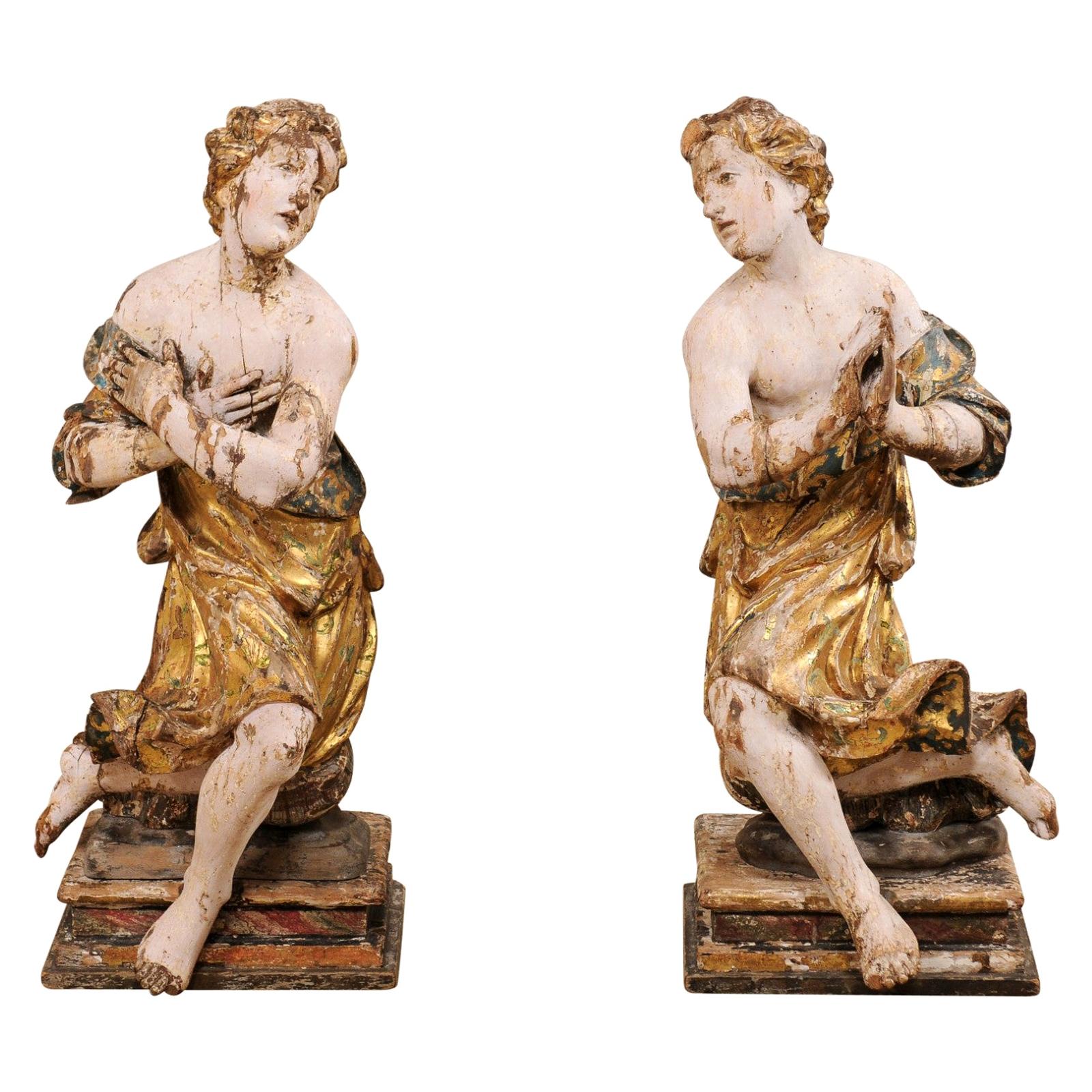 Exquisite Pair of 18th Century Italian Angelic Wood Carved Male Figures