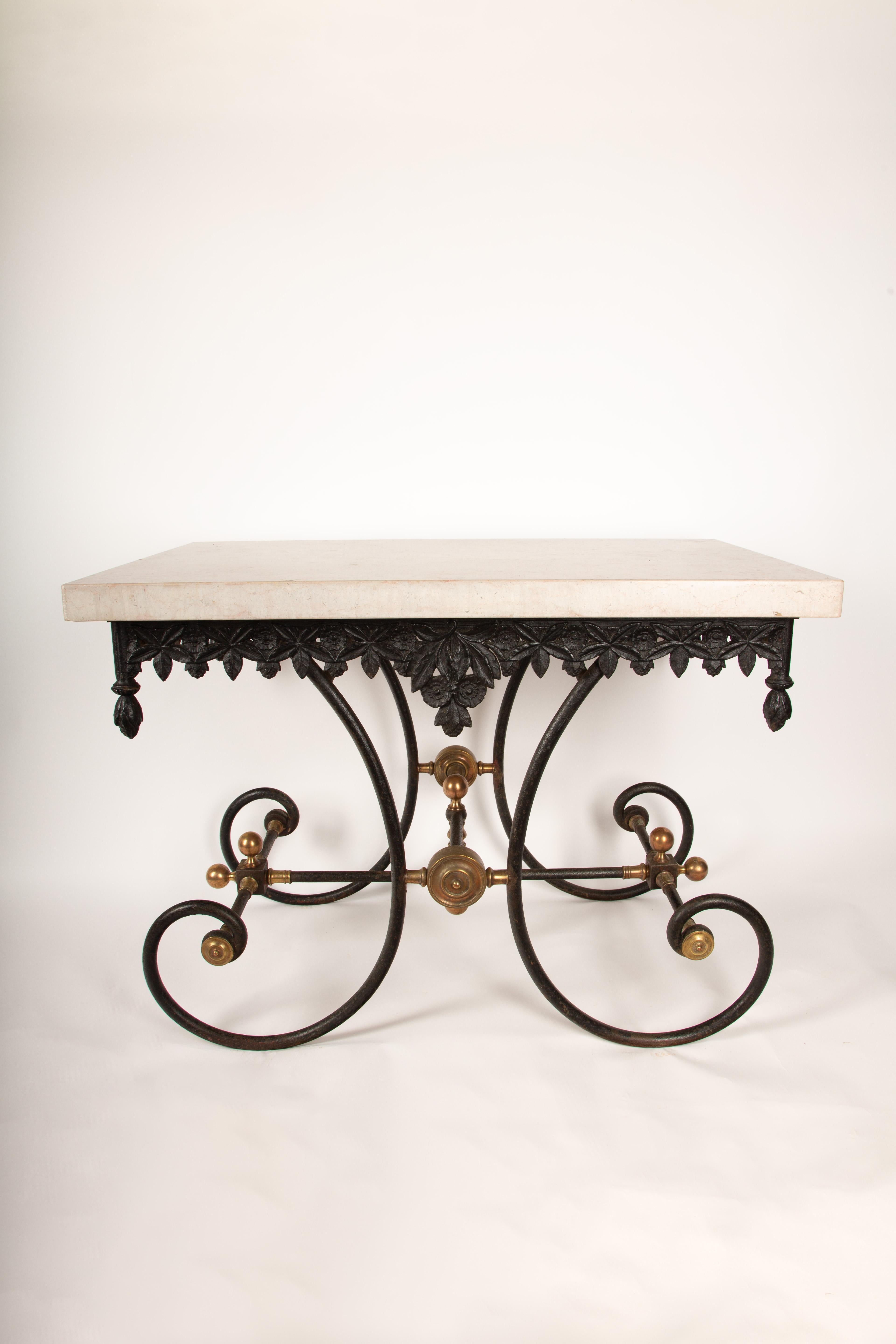 Exquisite Pair of 19th Cast Iron Baker’s Tables with Contemporary Marble Tops 5