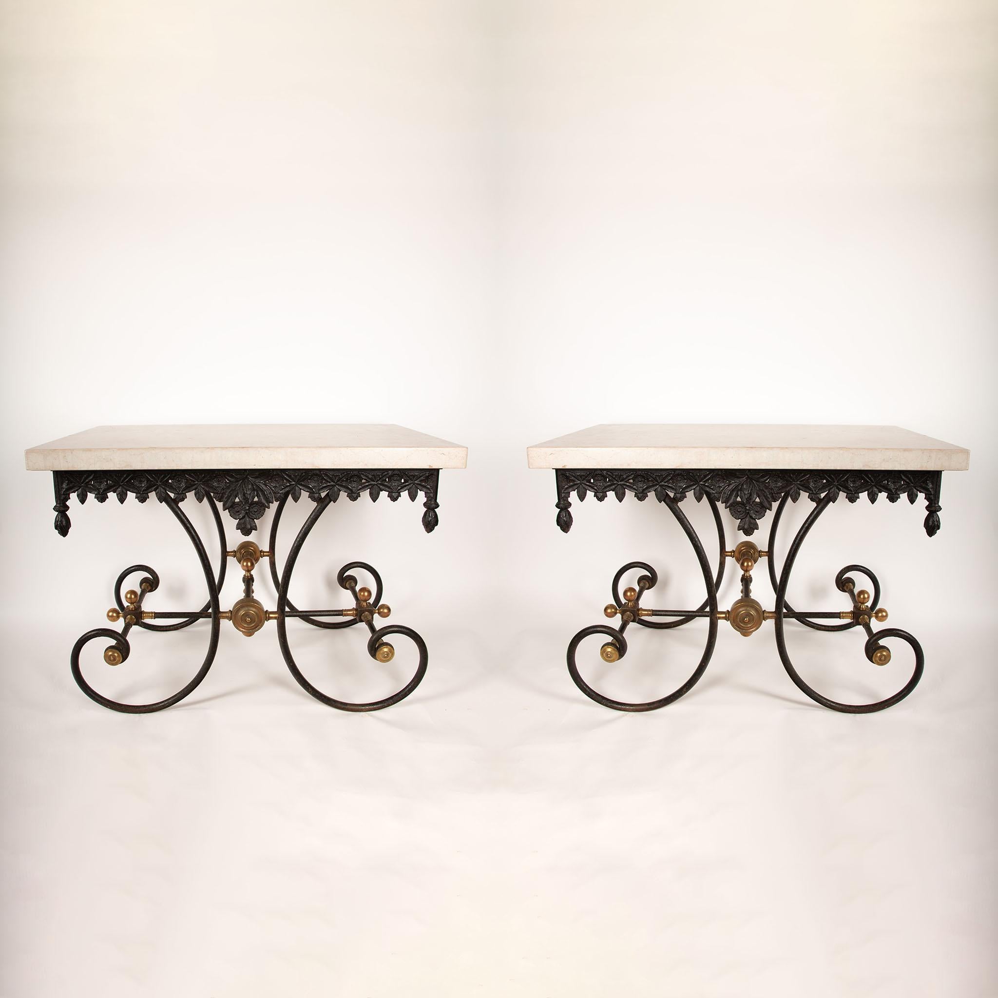 Exquisite Pair of 19th Cast Iron Baker’s Tables with Contemporary Marble Tops 6