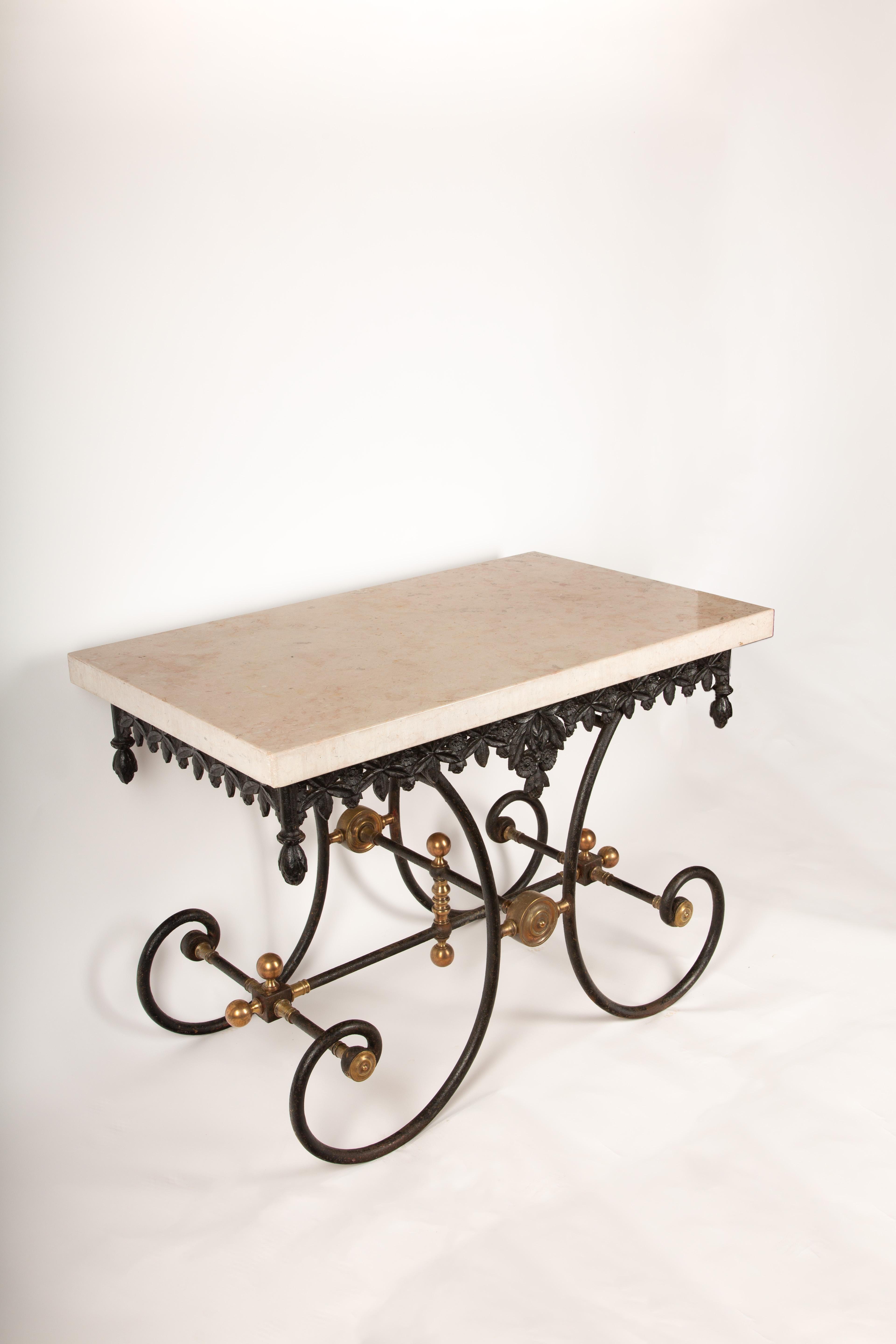 Exquisite Pair of 19th Cast Iron Baker’s Tables with Contemporary Marble Tops In Excellent Condition In New York, NY