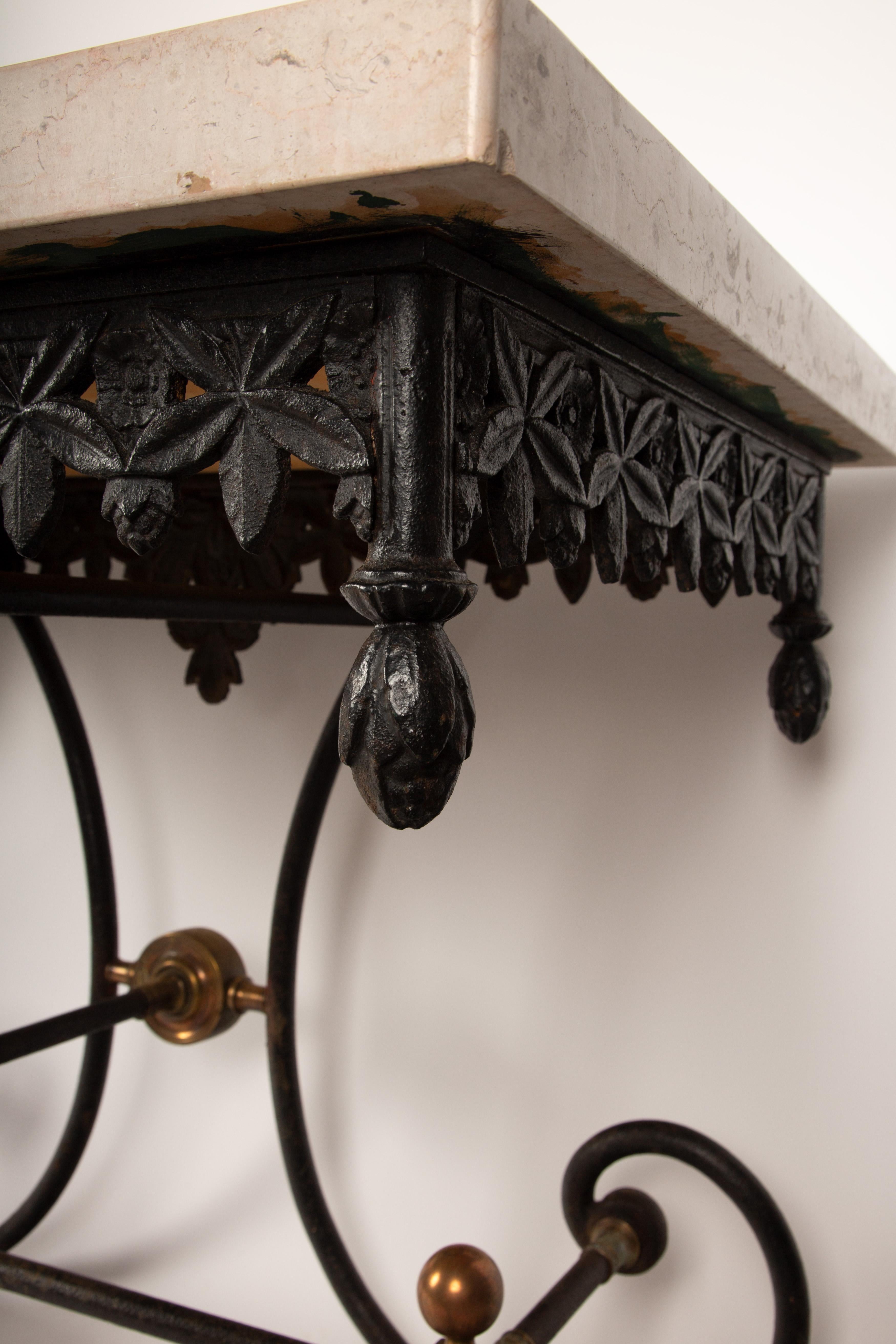 Exquisite Pair of 19th Cast Iron Baker’s Tables with Contemporary Marble Tops 3