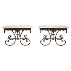 Exquisite Pair of 19th Cast Iron Baker’s Tables with Contemporary Marble Tops